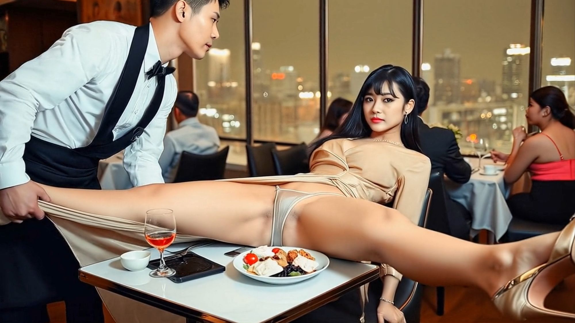 妄想18 レストランでお嬢様の開脚を給仕がお手伝い AI生成動画 サンプル6ページ目