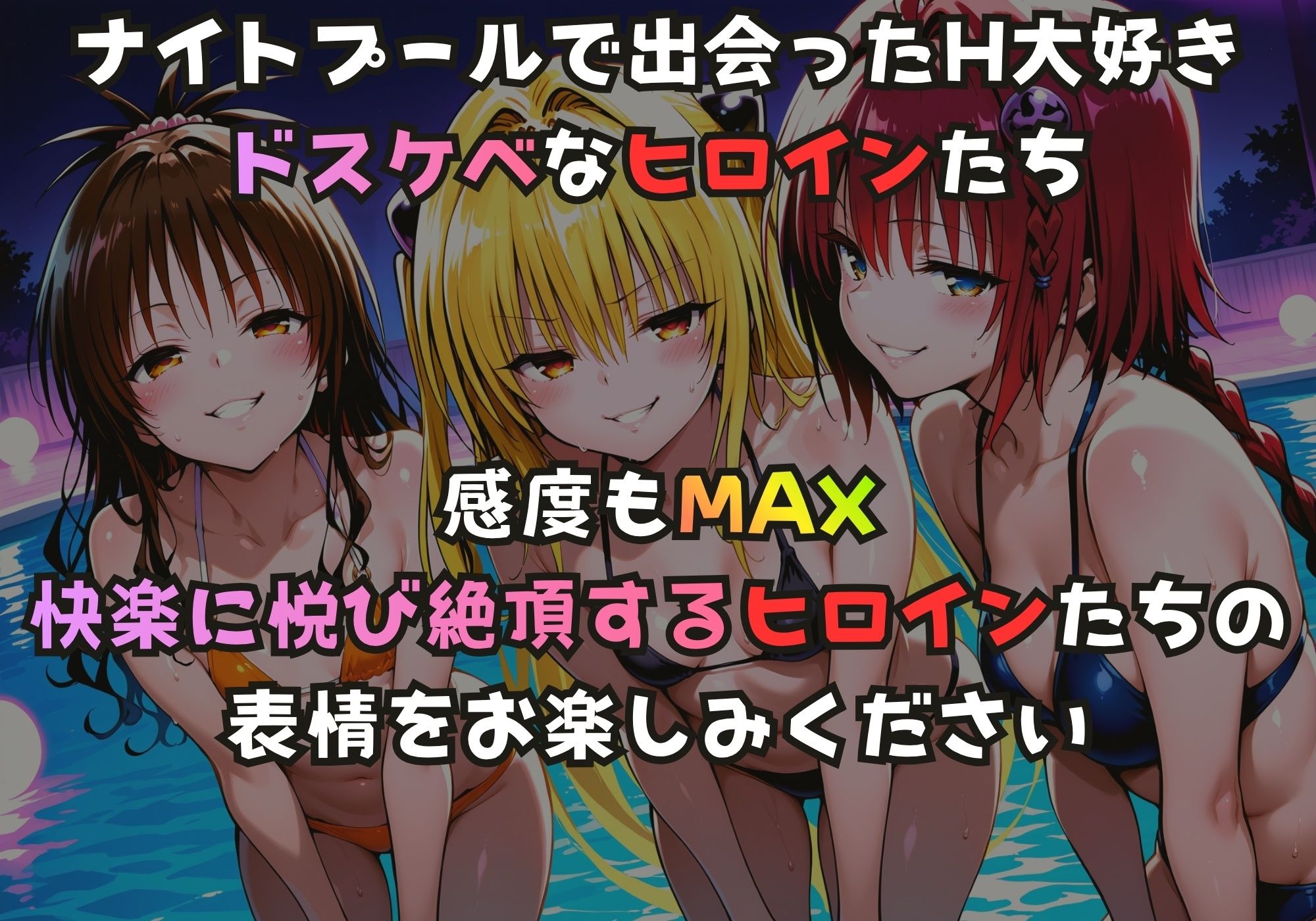 ナイトプールでガンギマるドスケベヒロイン 結城〇柑＆金色〇闇＆黒咲〇亜 サンプル1ページ目