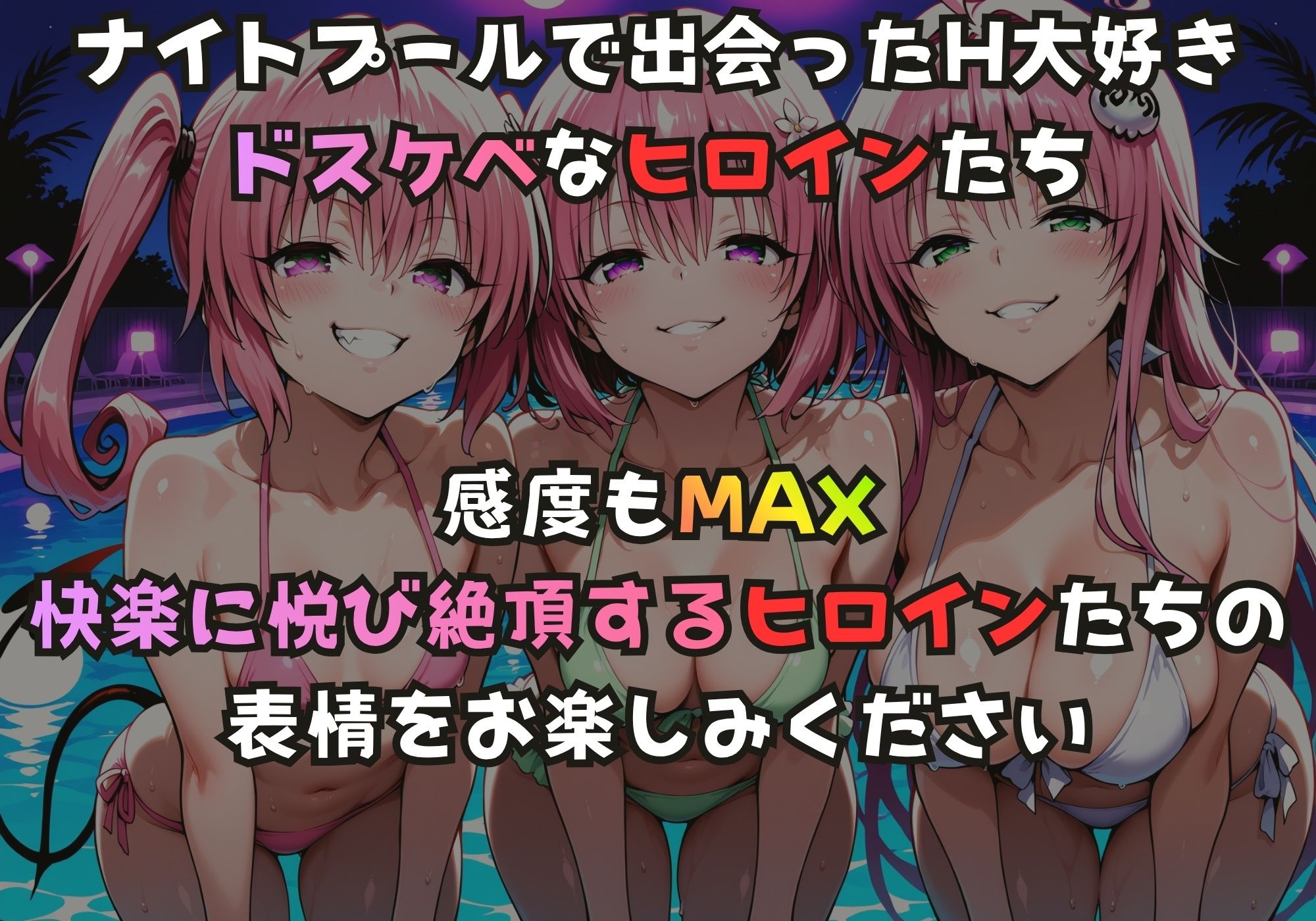 ナイトプールでガンギマるドスケベヒロイン ナ〇＆モ〇＆ラ〇 サンプル1ページ目