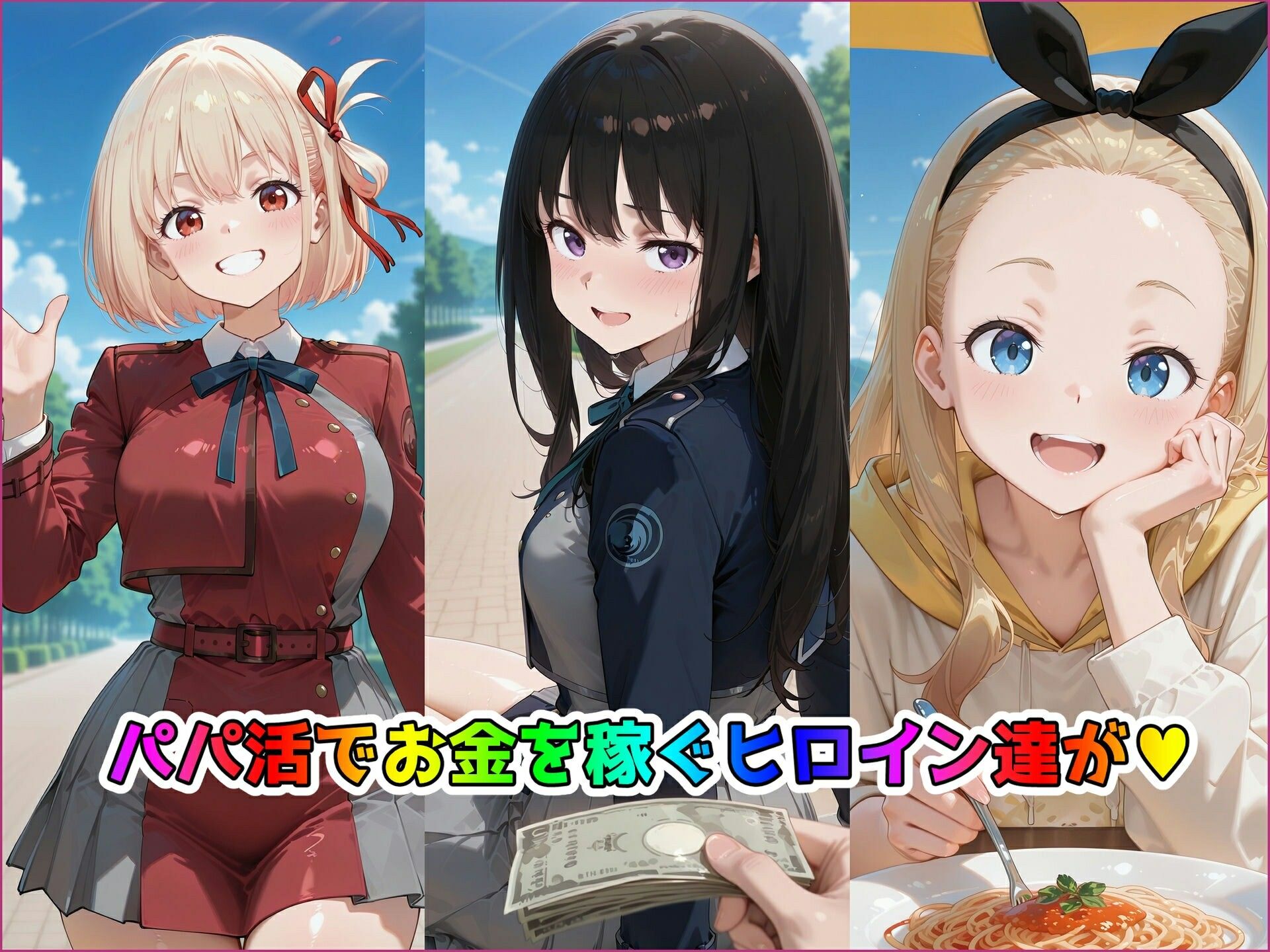 パパ活ヒロインと膣内射精えっちする話  リコ〇ス・リコ〇ルの三人編  錦〇千束＆井〇上たきな＆クル〇 サンプル2ページ目