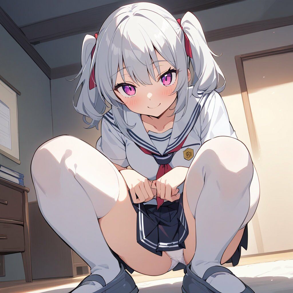 セーラー服でしゃがみ＆またがりでパンチラ サンプル1ページ目