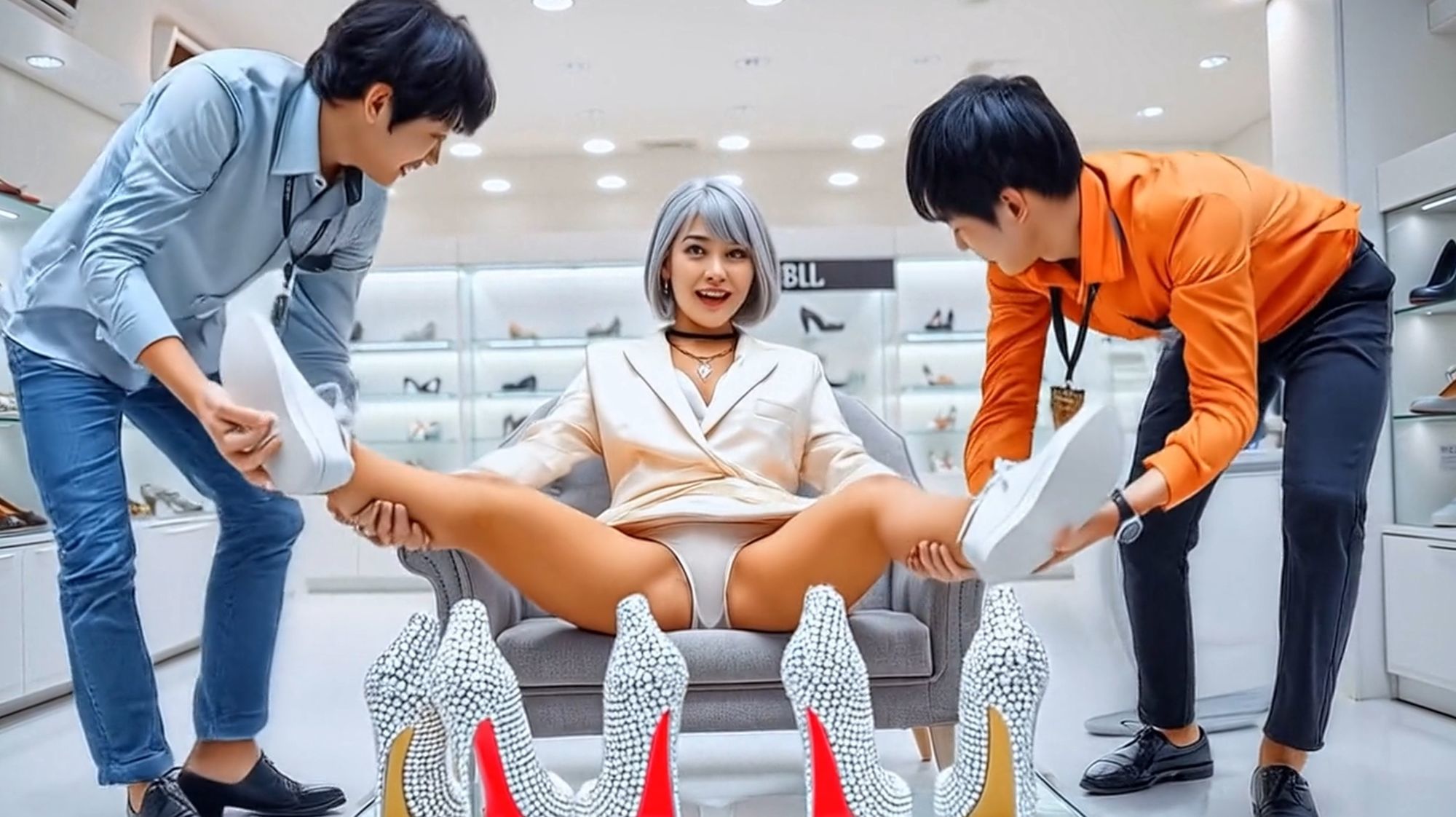 妄想20 お嬢様が靴屋でおっぴろげ 危険な靴屋 AI生成動画 サンプル1ページ目