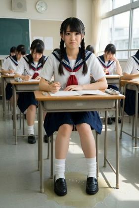 【AI動画】セーラー服の女の子が授業中におもらし サンプル1ページ目