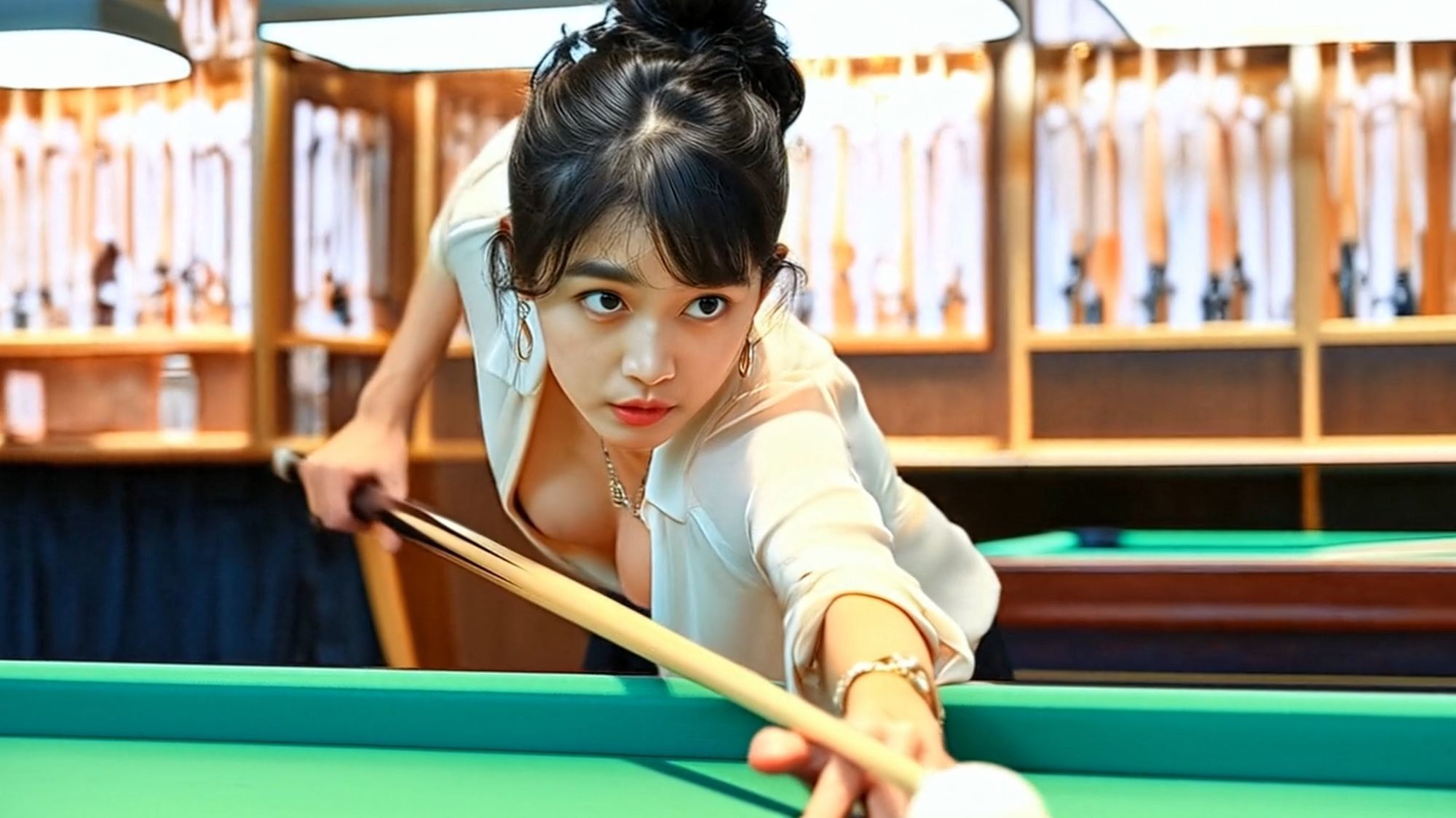 妄想21 ビリヤードで胸の谷間を見せつける美女 AI生成動画 サンプル4ページ目