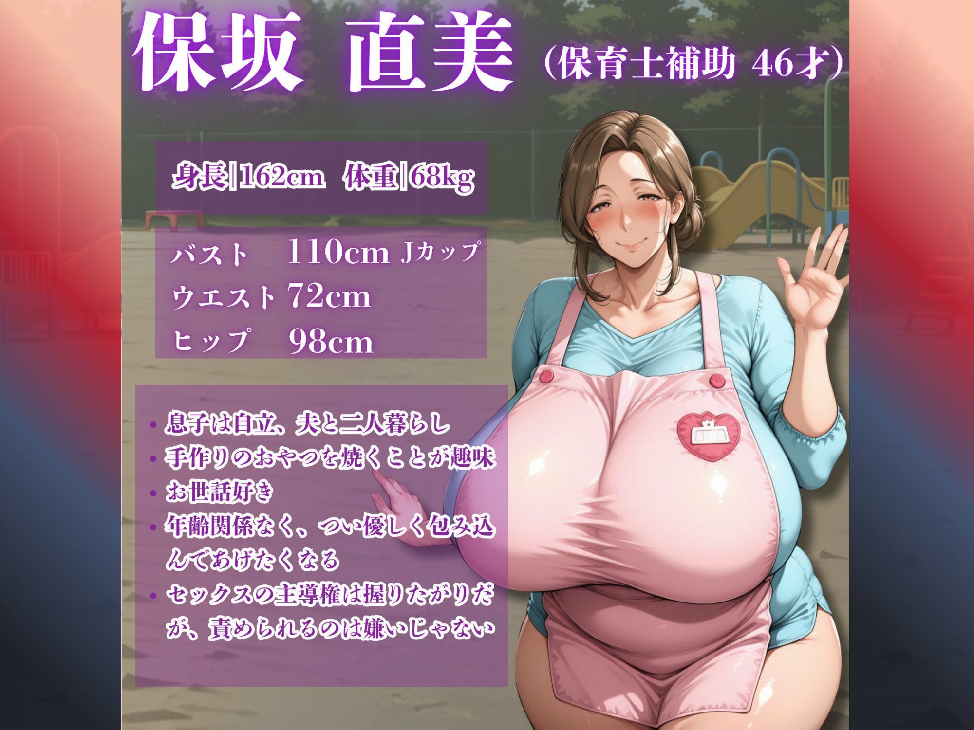 【セリフ入りあり】爆乳保育士補助（46才）なおみ先生デカマラおじさんと中出し搾精あそび サンプル1ページ目
