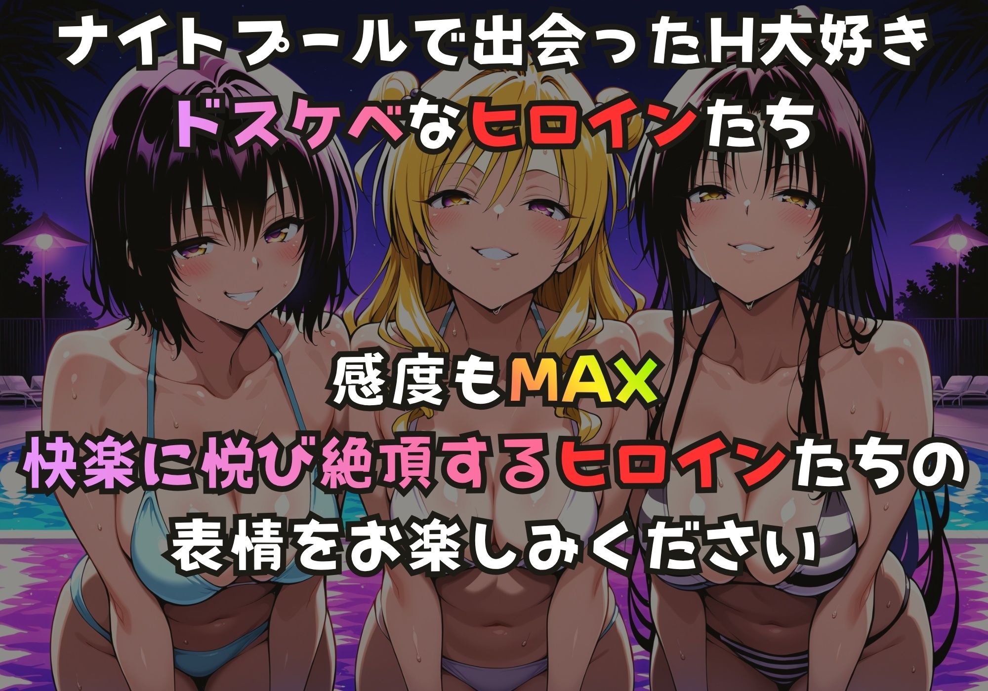ナイトプールでガンギマるドスケベヒロイン 霧崎〇子＆天条院〇姫＆九条〇 サンプル1ページ目