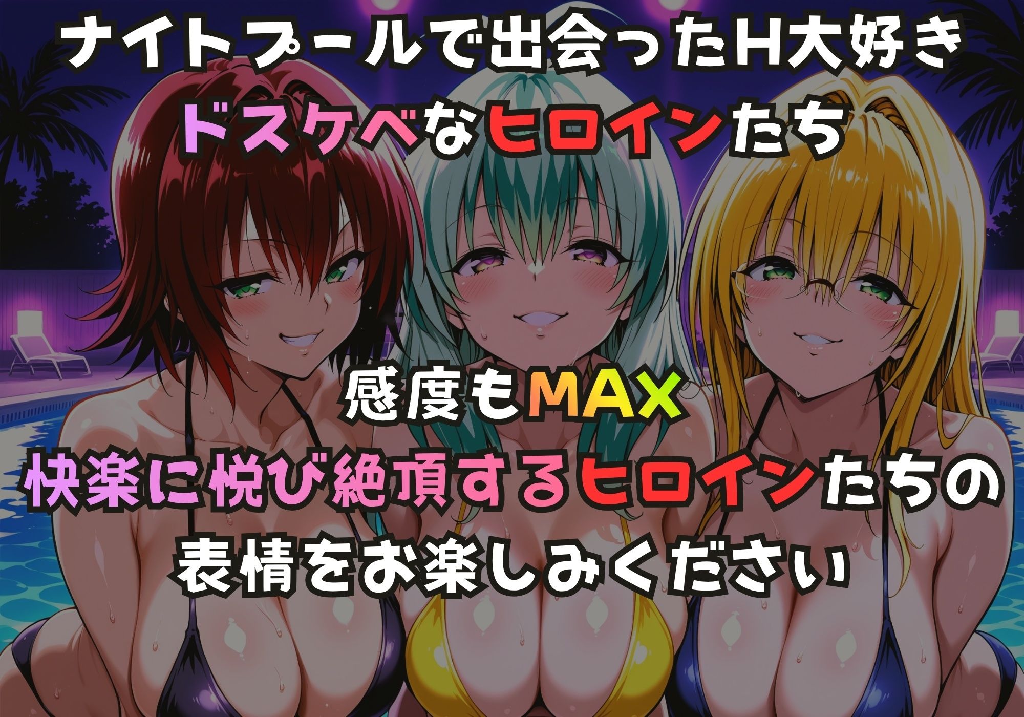 ナイトプールでガンギマるドスケベヒロイン 御門〇子＆ル〇＆ティア〇ユ サンプル1ページ目