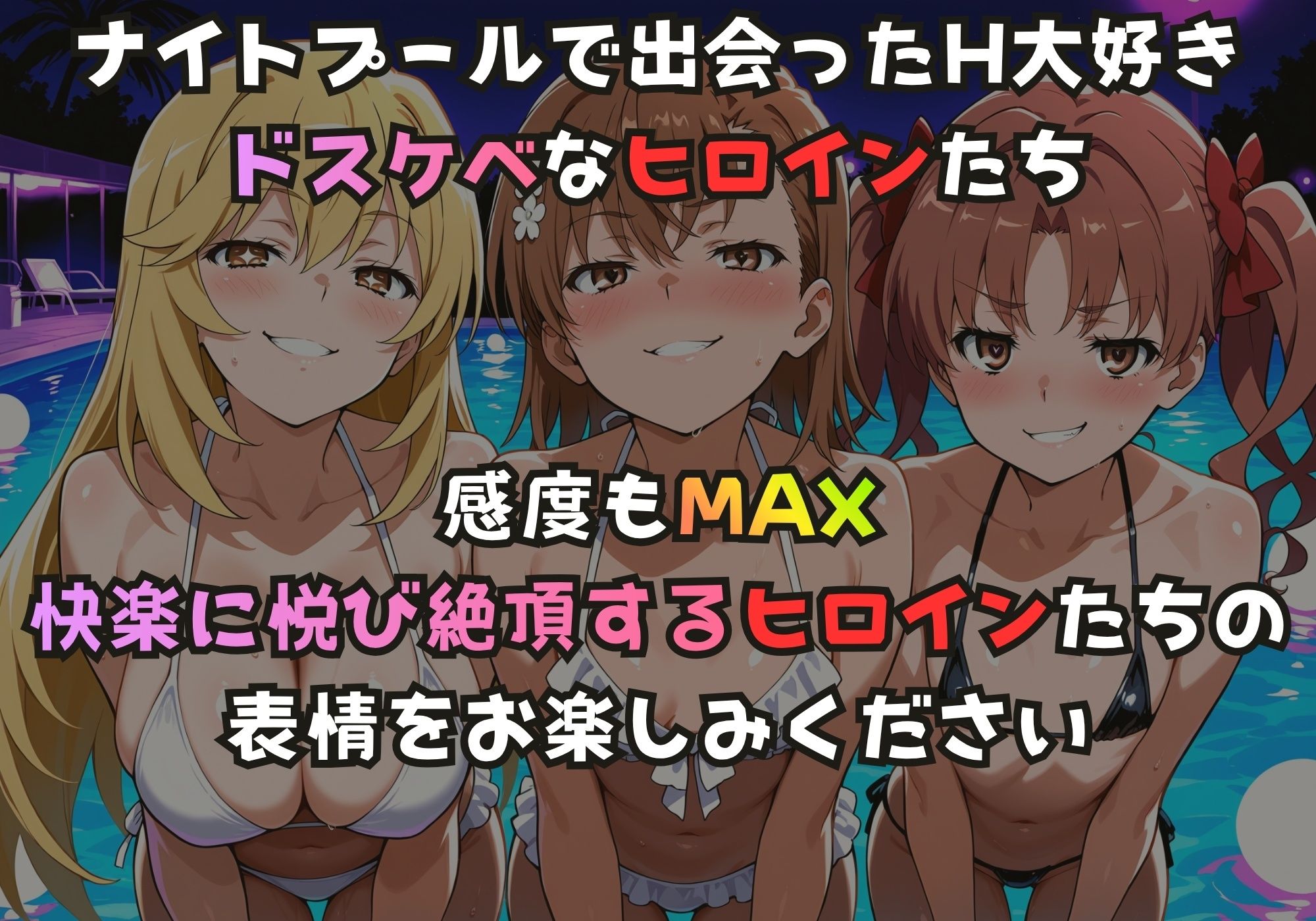 ナイトプールでガンギマるドスケベヒロイン食蜂〇折＆御坂〇琴＆白井〇子 サンプル1ページ目