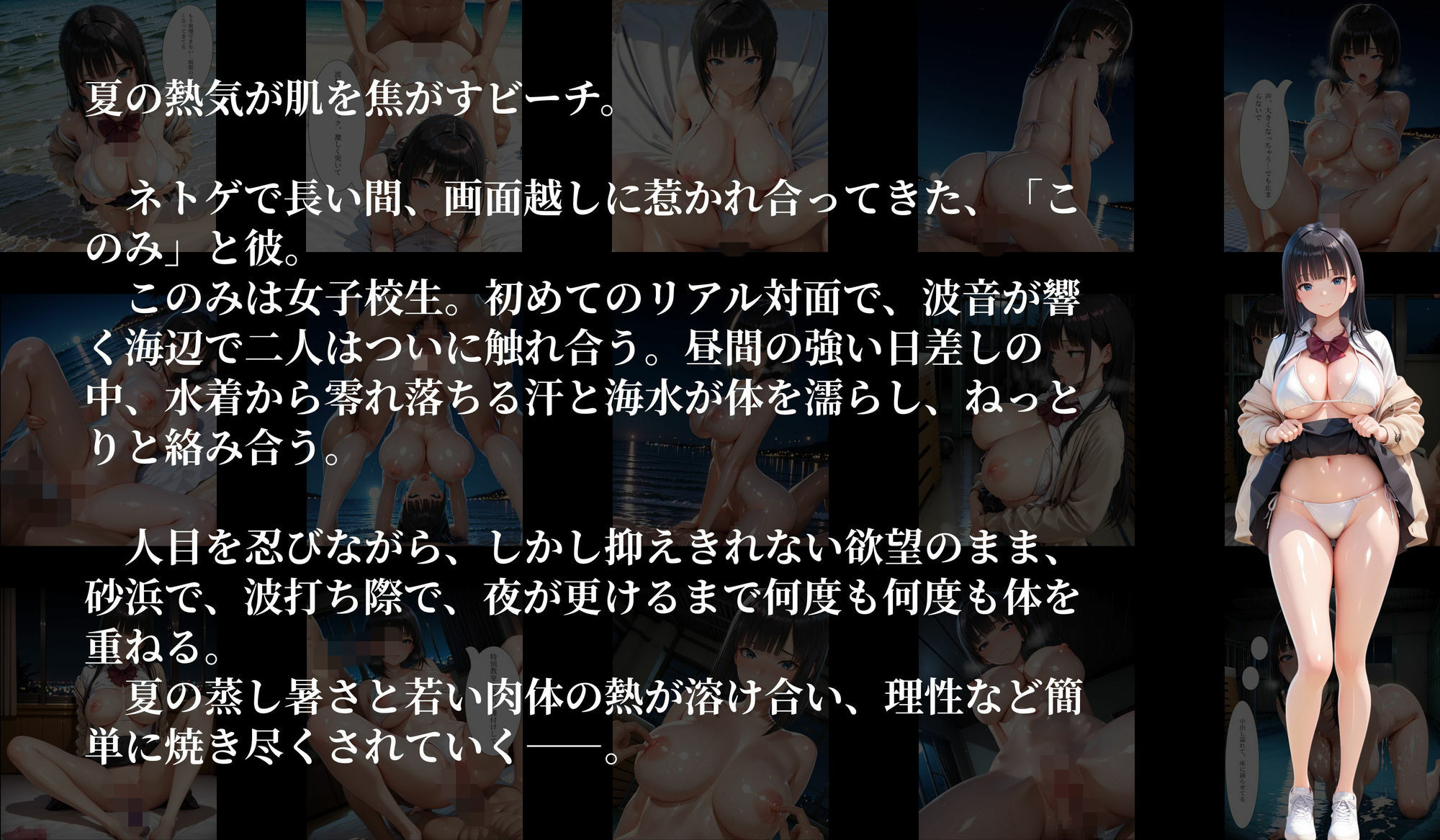 ［500枚の4K高画質（100枚以上にセリフあり）］夏浜学姦〜ネトゲ女生徒と浜辺で夜まで獣交尾〜 サンプル2ページ目