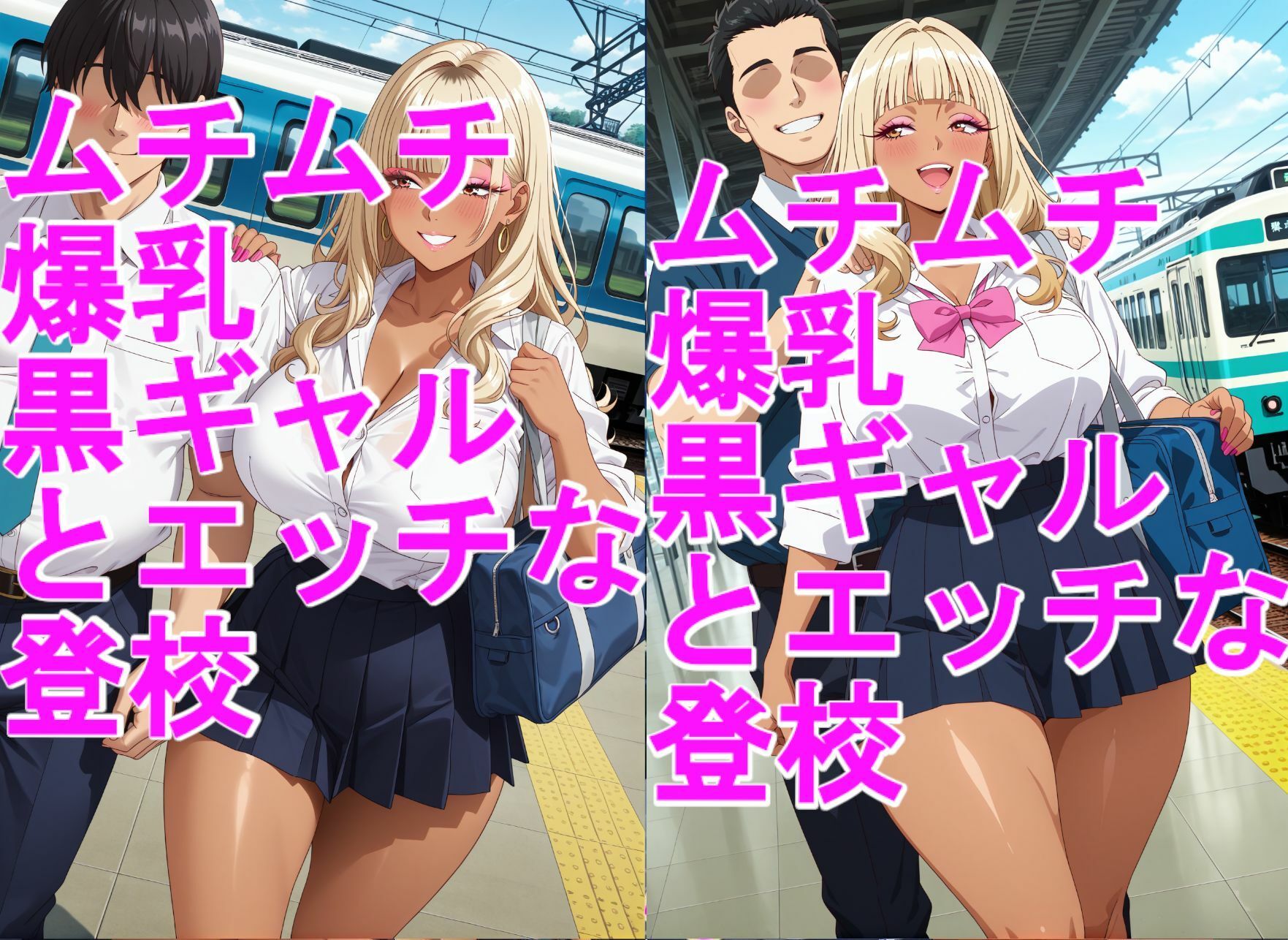 ムチムチ爆乳、黒ギャルJKとイチャイチャエッチな登校＋2部付きパンツ、パンチラ サンプル1ページ目