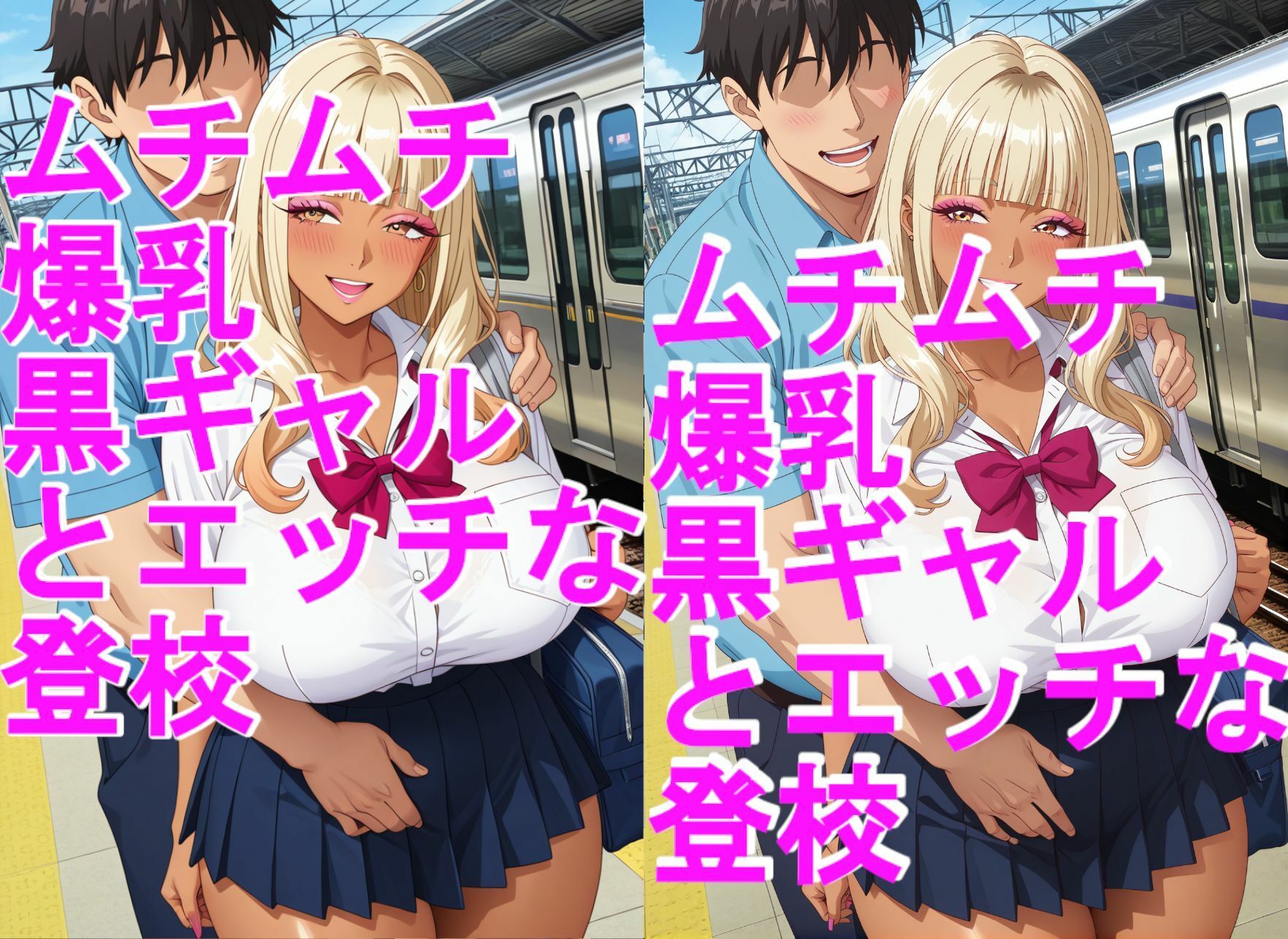 ムチムチ爆乳、黒ギャルJKとイチャイチャエッチな登校＋2部付きパンツ、パンチラ サンプル2ページ目