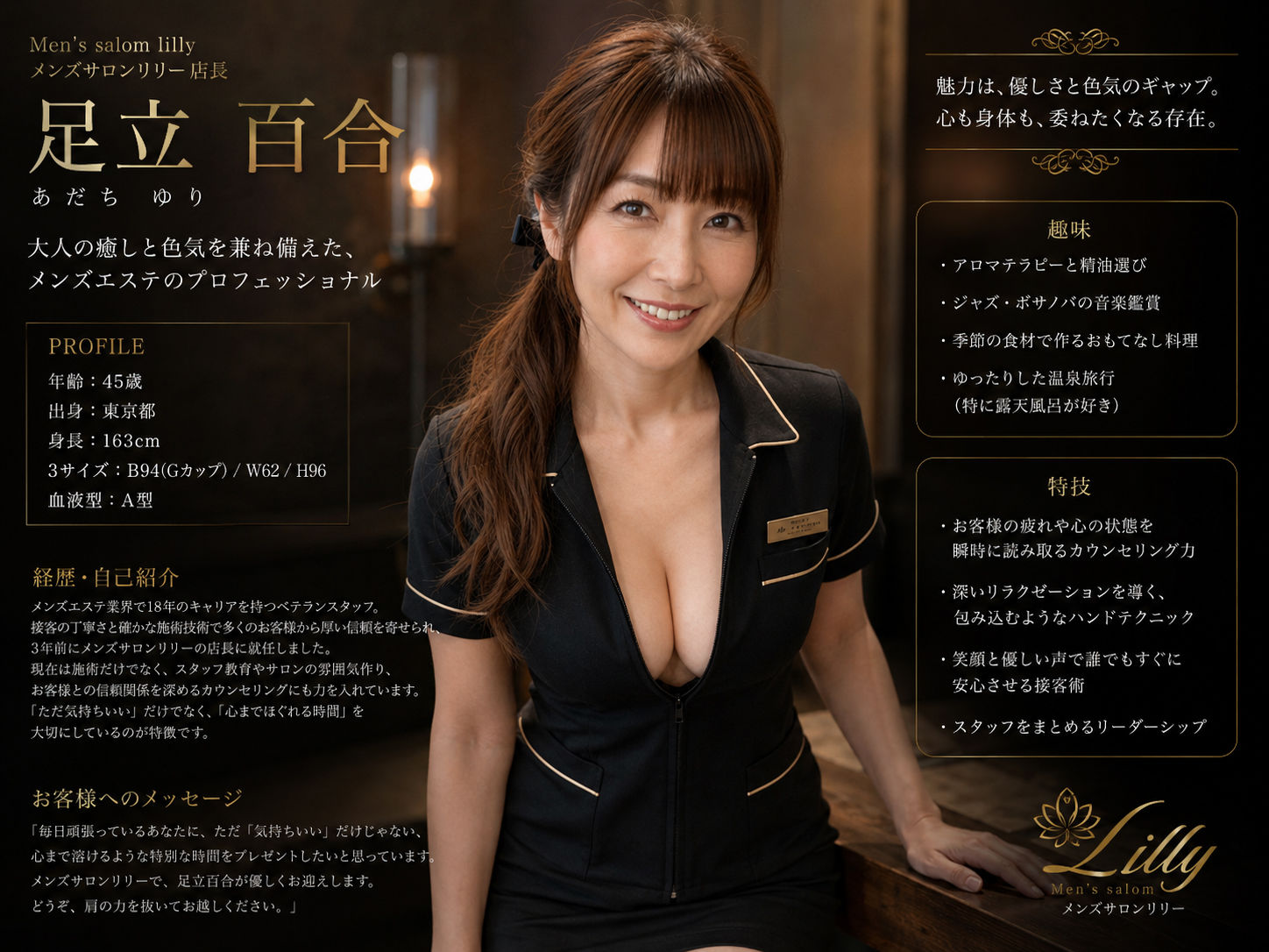 【AI生成】AI写真集 Vol.1  足立百合 メンズサロンリリー 店長「極上の癒しと、甘い誘惑」 サンプル1ページ目