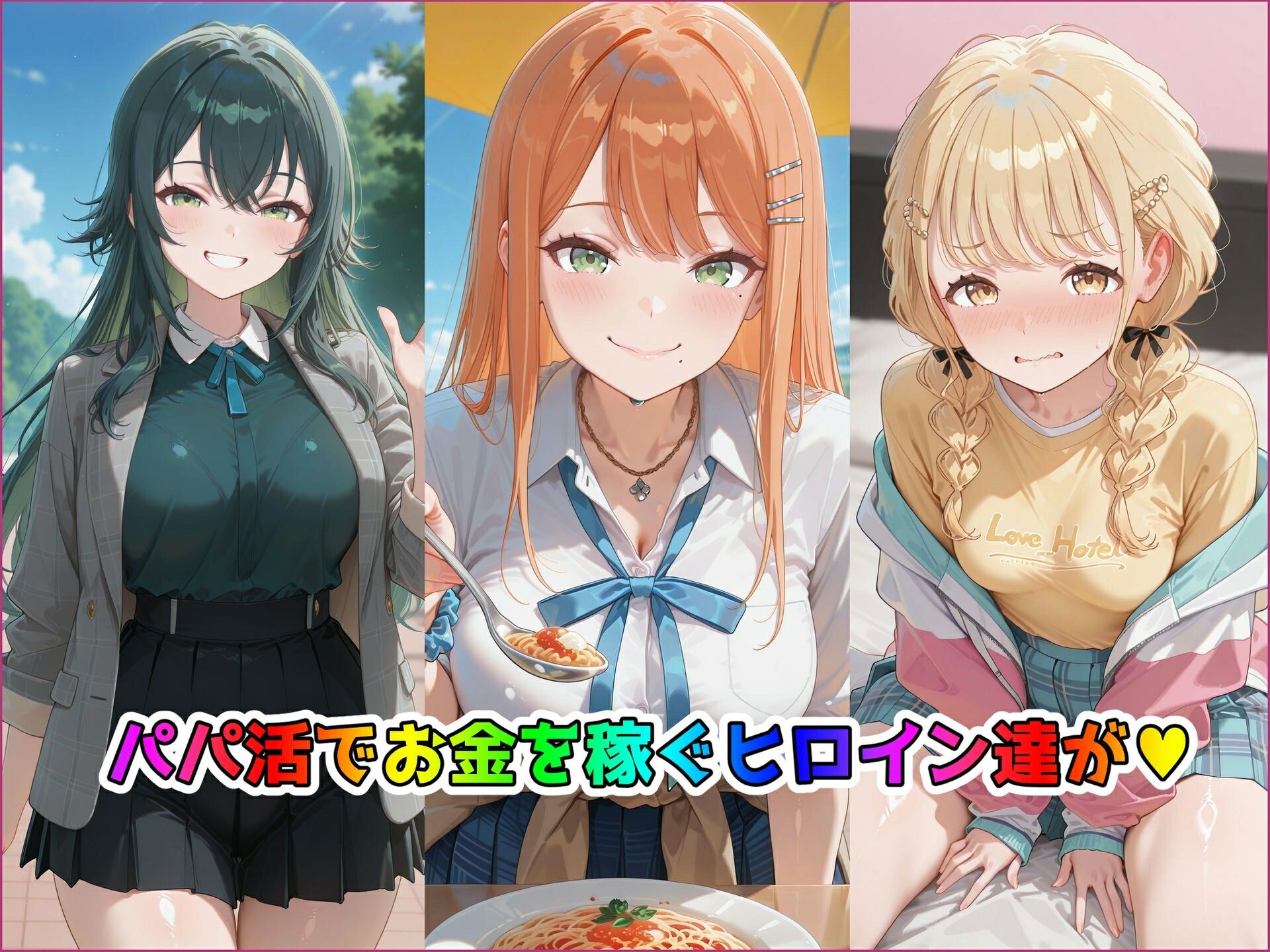 パパ活ヒロインと膣内射精えっちする話  学園ア〇ドルマスターの3人編  月村〇毬＆紫雲〇夏＆藤田こ〇ね サンプル2ページ目