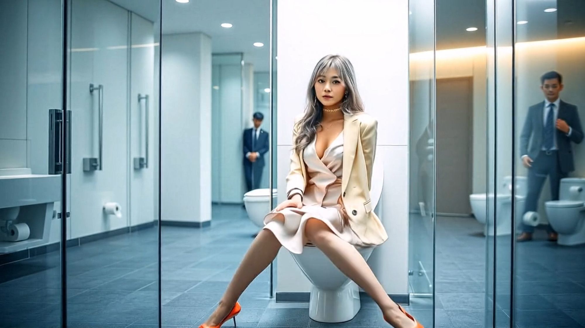 妄想24 オフィスのガラス張りまる見えトイレでOLおしっこ AI生成動画 サンプル1ページ目