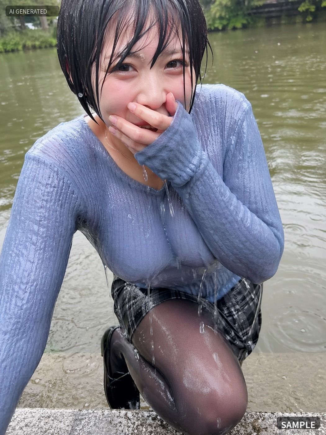青いニットのまま川でずぶ濡れ。着衣Wet AI写真集100枚 サンプル4ページ目