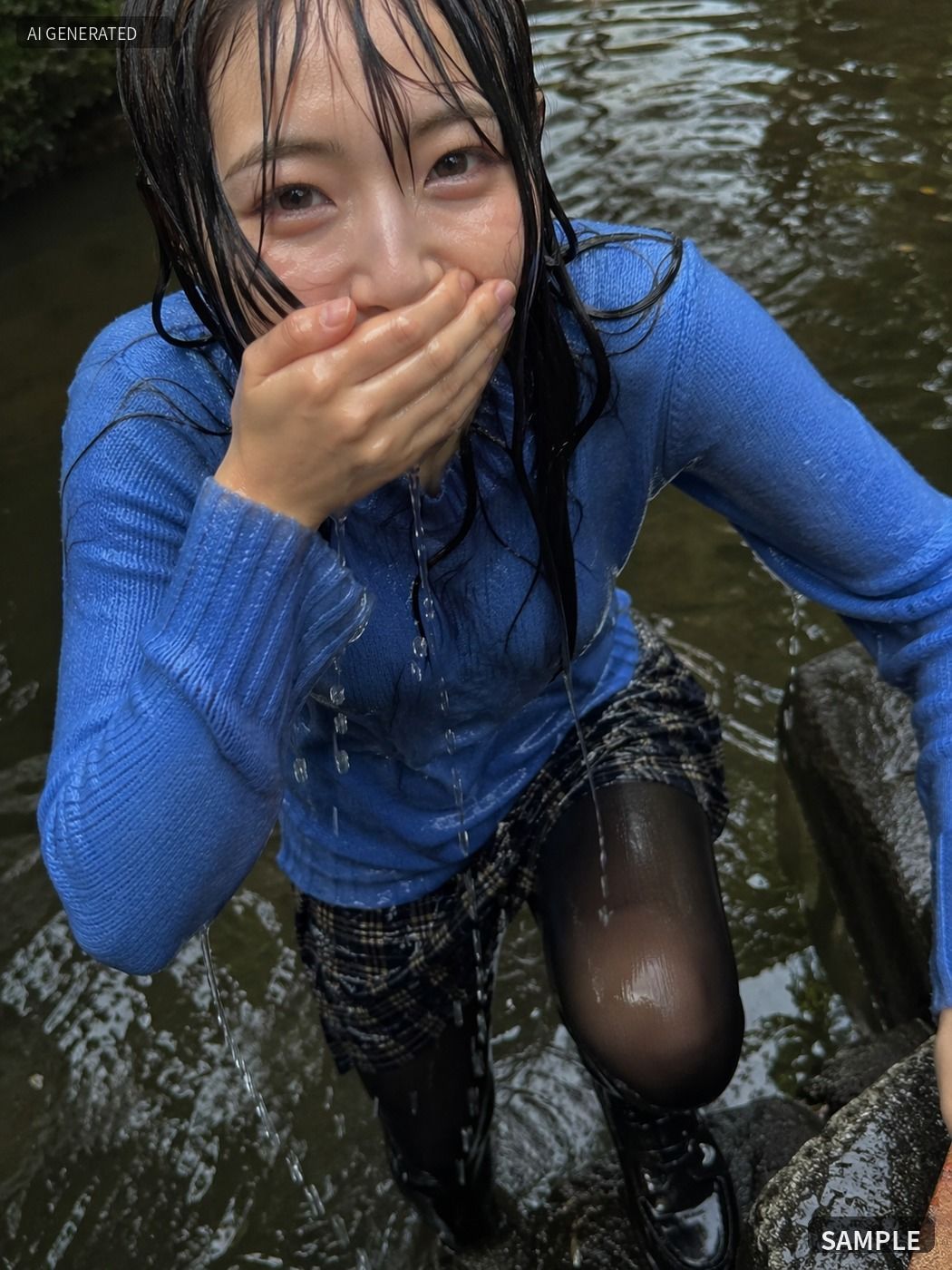 青いニットのまま川でずぶ濡れ。着衣Wet AI写真集100枚 サンプル5ページ目