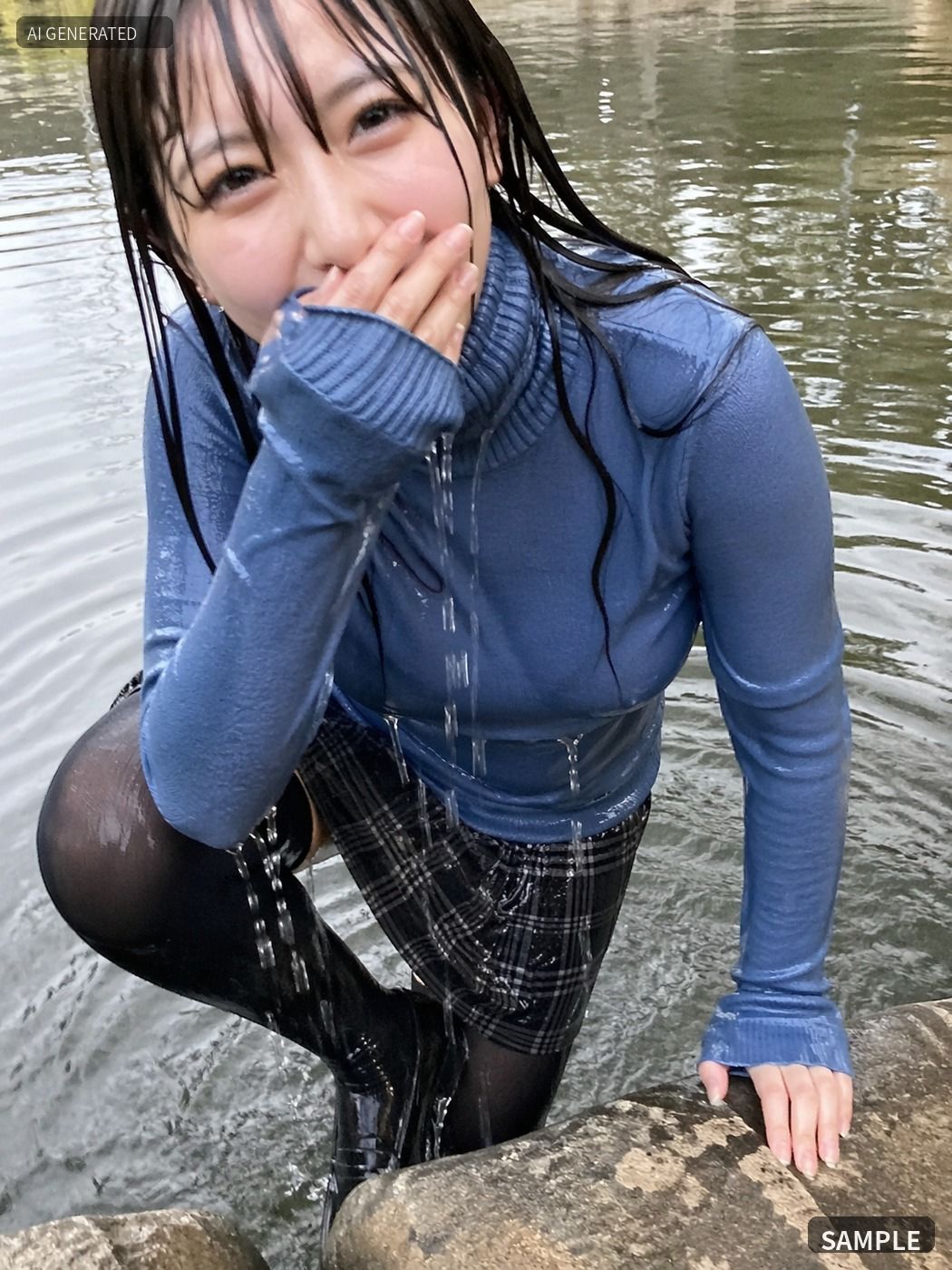 青いニットのまま川でずぶ濡れ。着衣Wet AI写真集100枚 サンプル6ページ目
