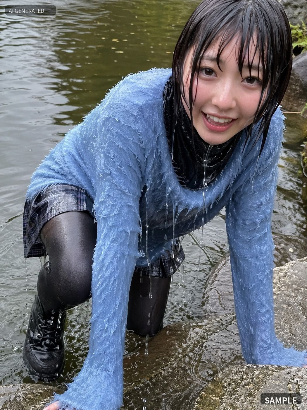 青いニットのまま川でずぶ濡れ。着衣Wet AI写真集100枚 サンプル8ページ目