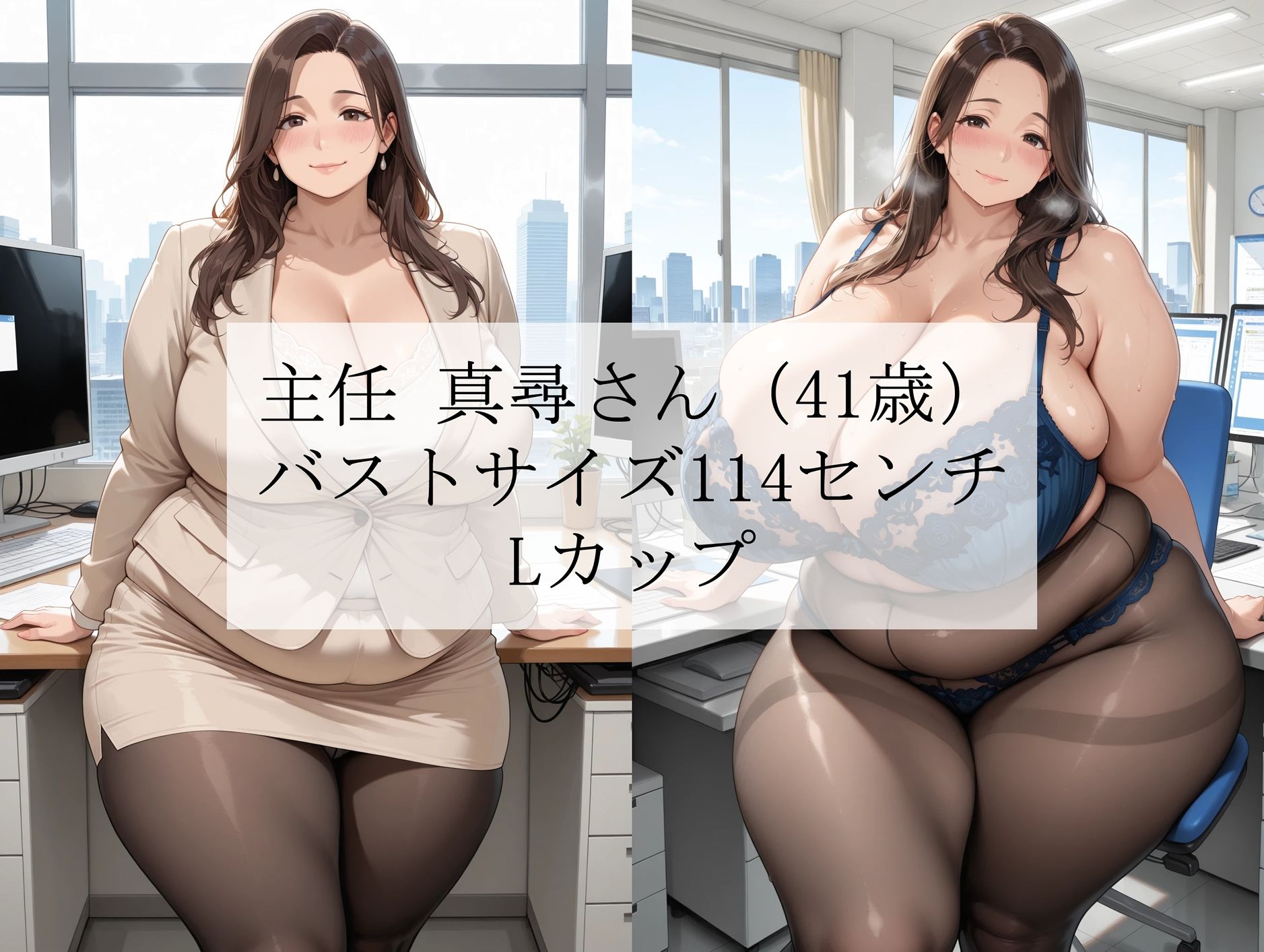 黒パンスト豊満人妻オフィスvol.1「主任真尋さん」編〜仕事のご褒美は爆乳おっぱい上司と濃厚社内セックスでした〜＜漫画風吹き出しセリフ付CG集＞ サンプル1ページ目