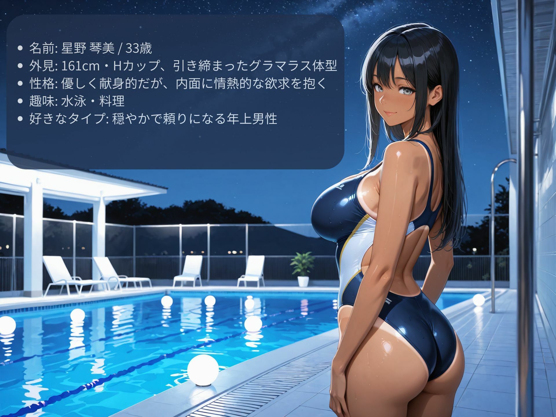 押しに弱い巨乳人妻インストラクターをナイトプールでハメまくる サンプル1ページ目