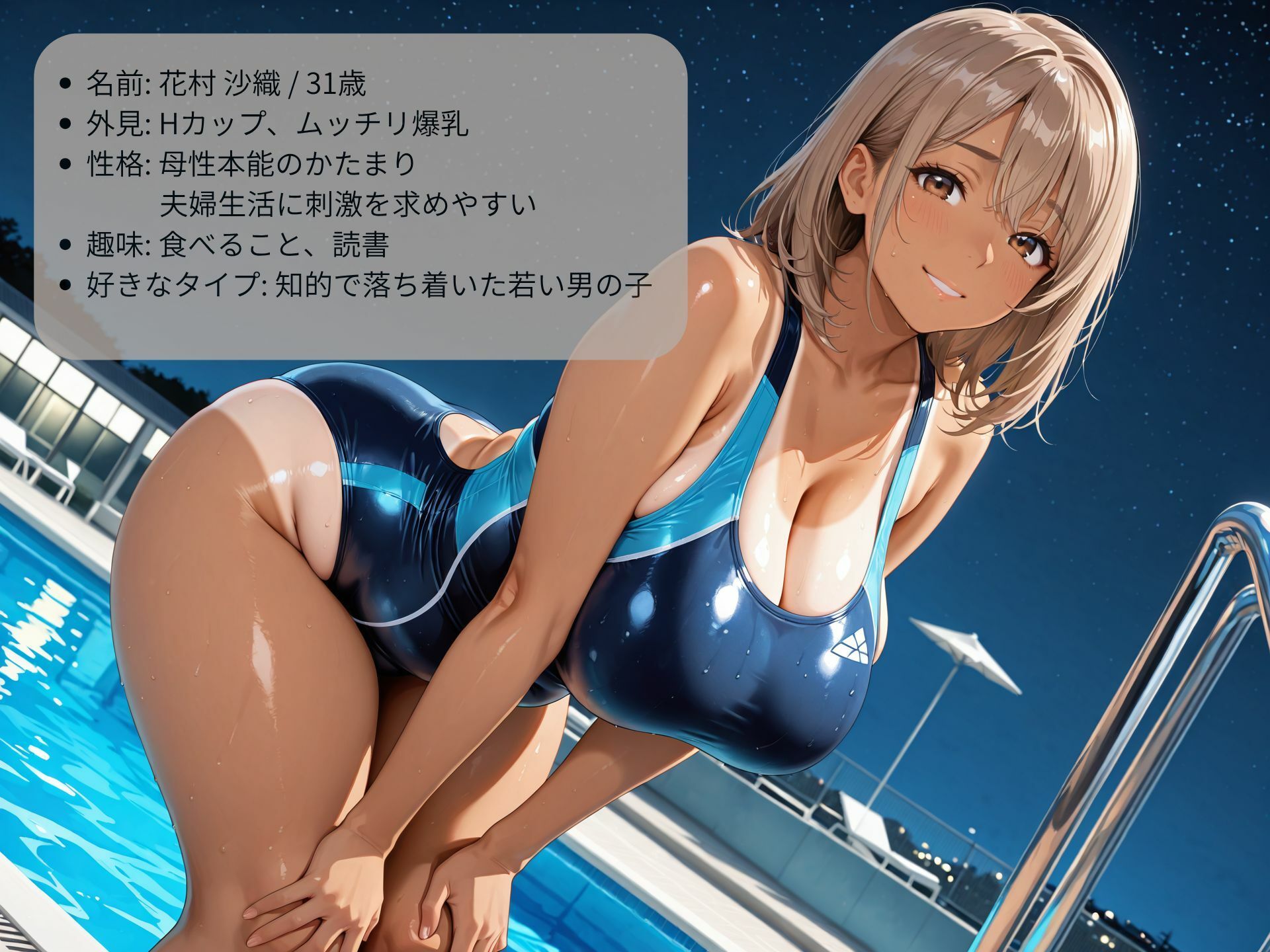 押しに弱い巨乳人妻インストラクターをナイトプールでハメまくる サンプル7ページ目