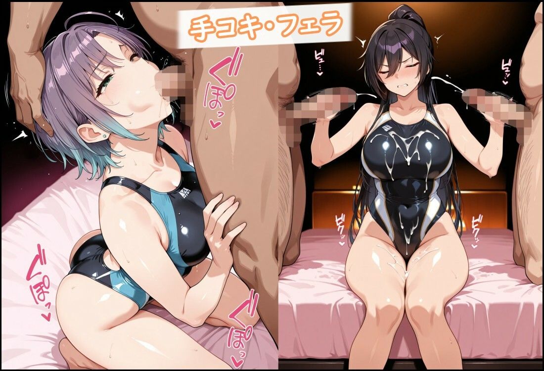 競泳水着のボーイッシュアイドル達がおじさんに種付けされる サンプル5ページ目
