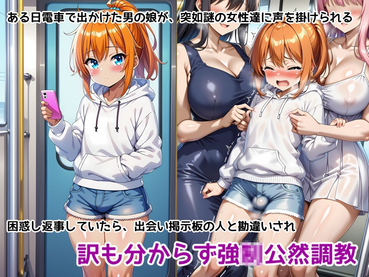 男の娘メス堕ち調教・恥辱尊厳破壊〜お姉さん達に恥ずかしい恰好で責められて尊厳破壊されメス堕ち屈服させられちゃう男の娘の話 サンプル1ページ目