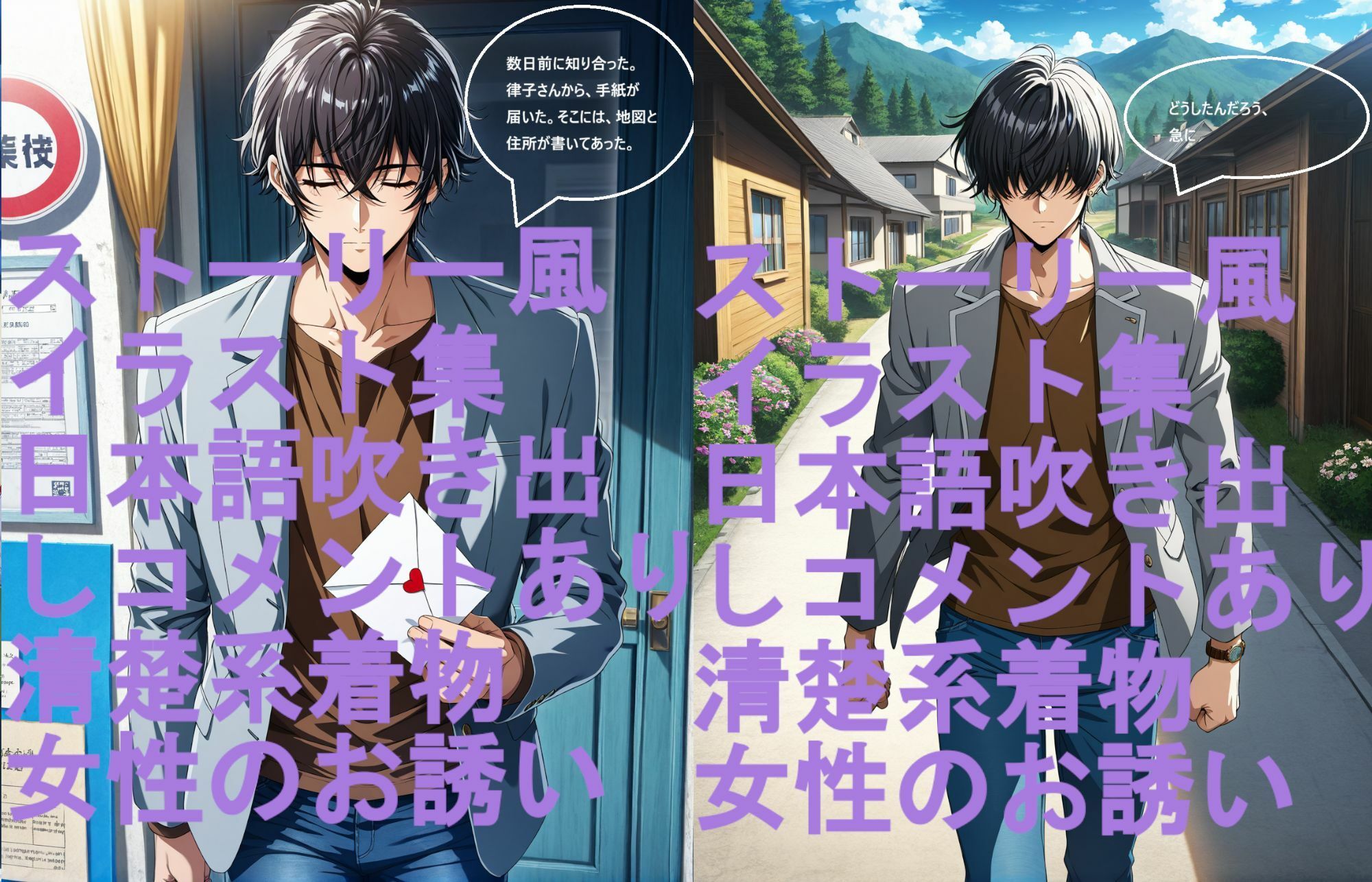 ストーリー風、イラスト集。日本語、吹き出しコメントあり。清楚系着物女性のお誘い。 サンプル1ページ目