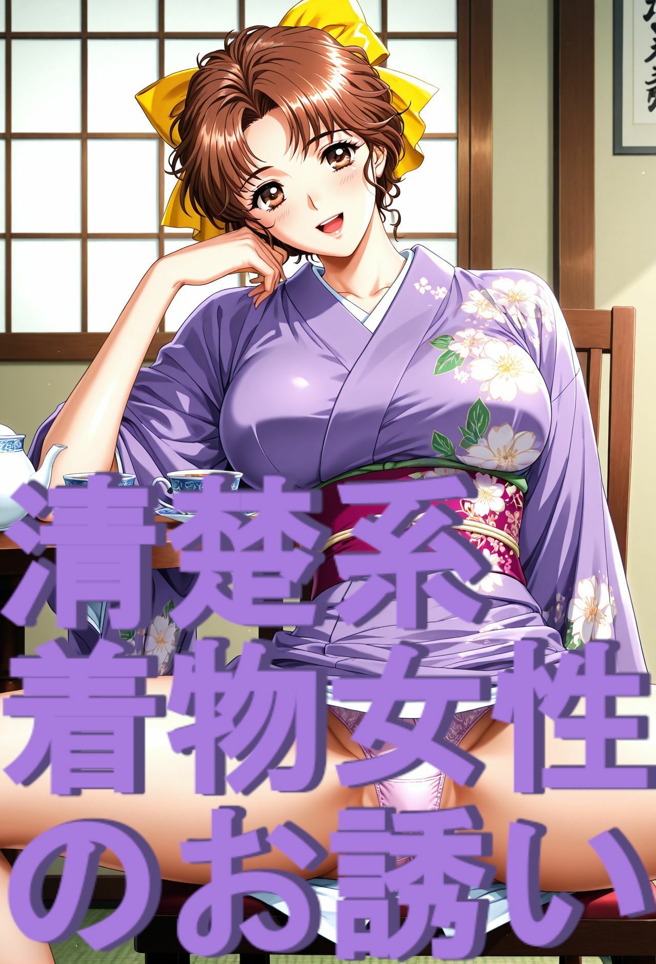 ストーリー風、イラスト集。日本語、吹き出しコメントあり。清楚系着物女性のお誘い。 サンプル8ページ目