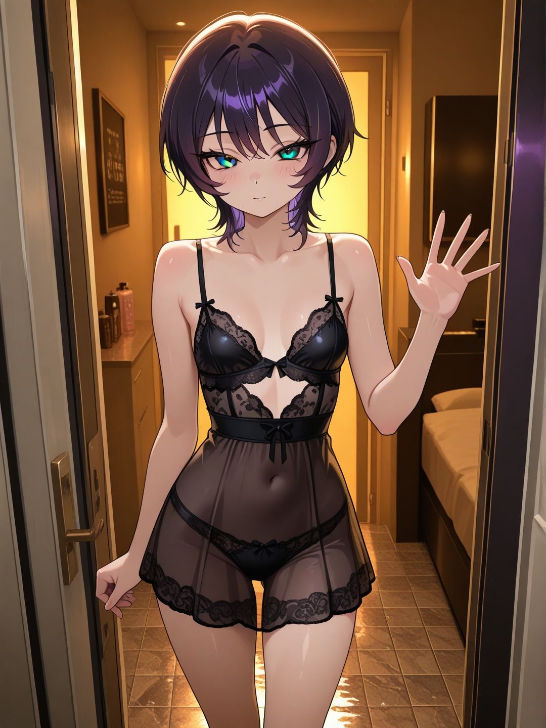 短髪紫髪の彼女と過ごす浴室サービス 〜ランジェリーから泡風呂、ベッドまで〜【R-18 AI CG集】 サンプル1ページ目