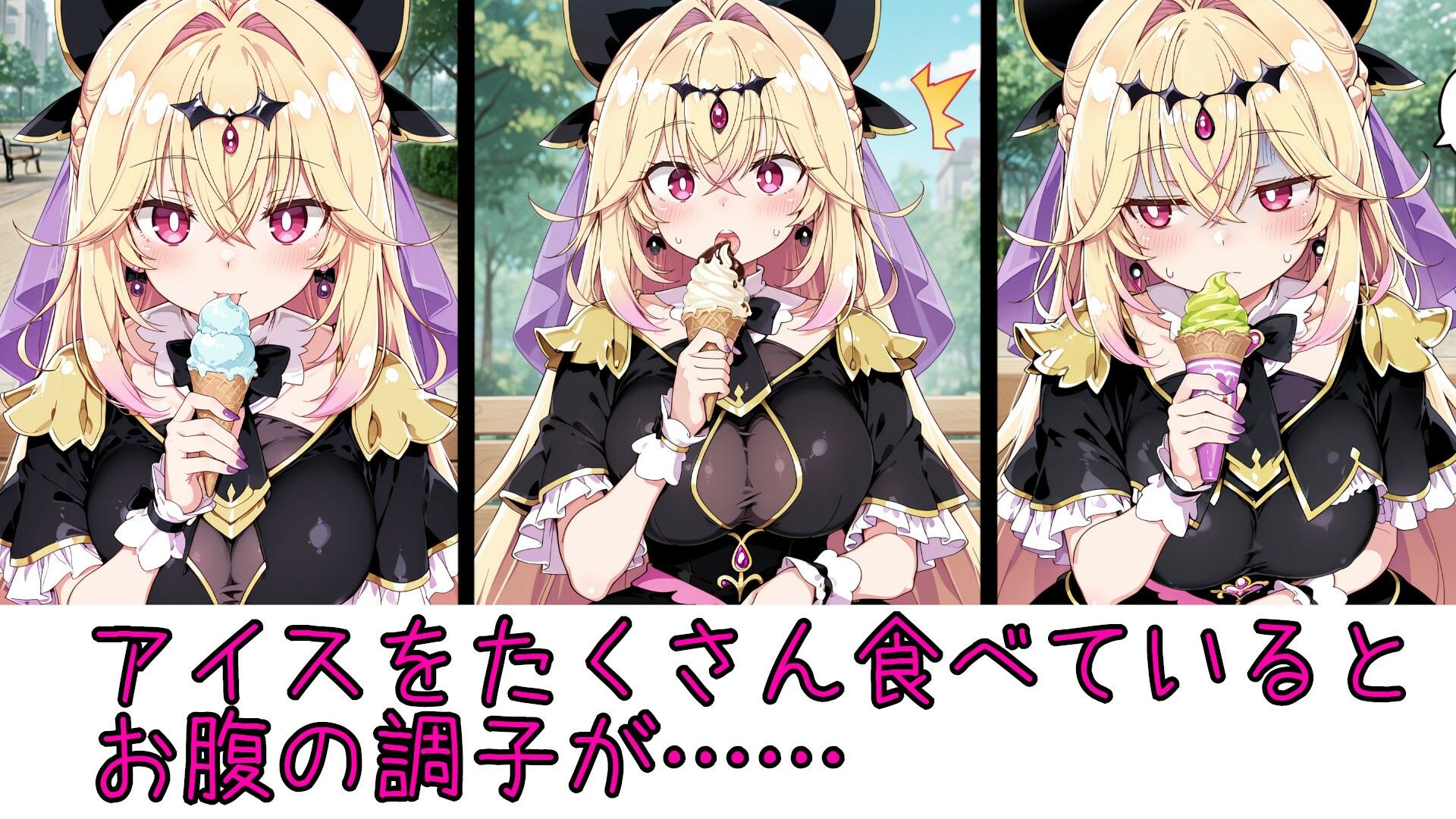 野外放尿！公園でアイスを食べすぎた森亜る〇か/アル〇ナ・シャドウちゃんが木の陰に隠れて…… サンプル1ページ目
