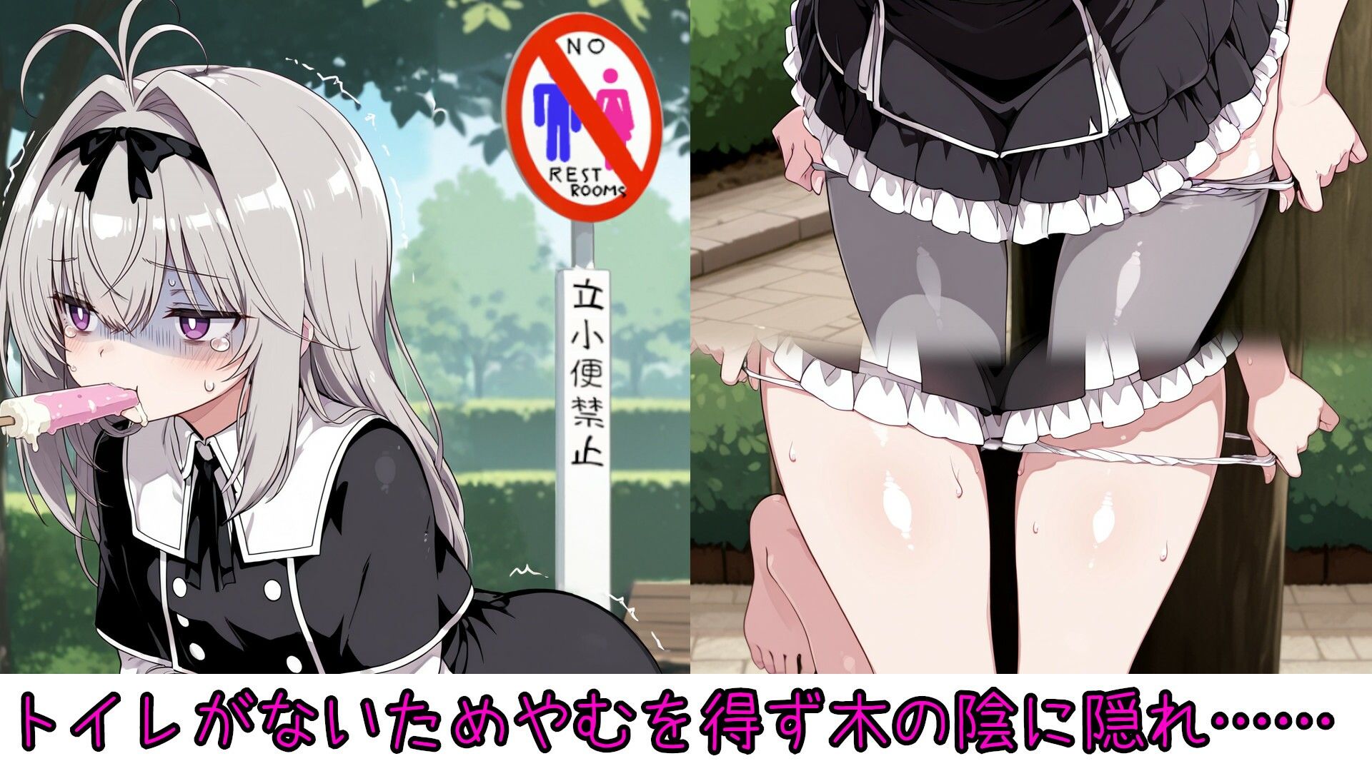 野外放尿！公園でアイスを食べすぎた森亜る〇か/アル〇ナ・シャドウちゃんが木の陰に隠れて…… サンプル2ページ目