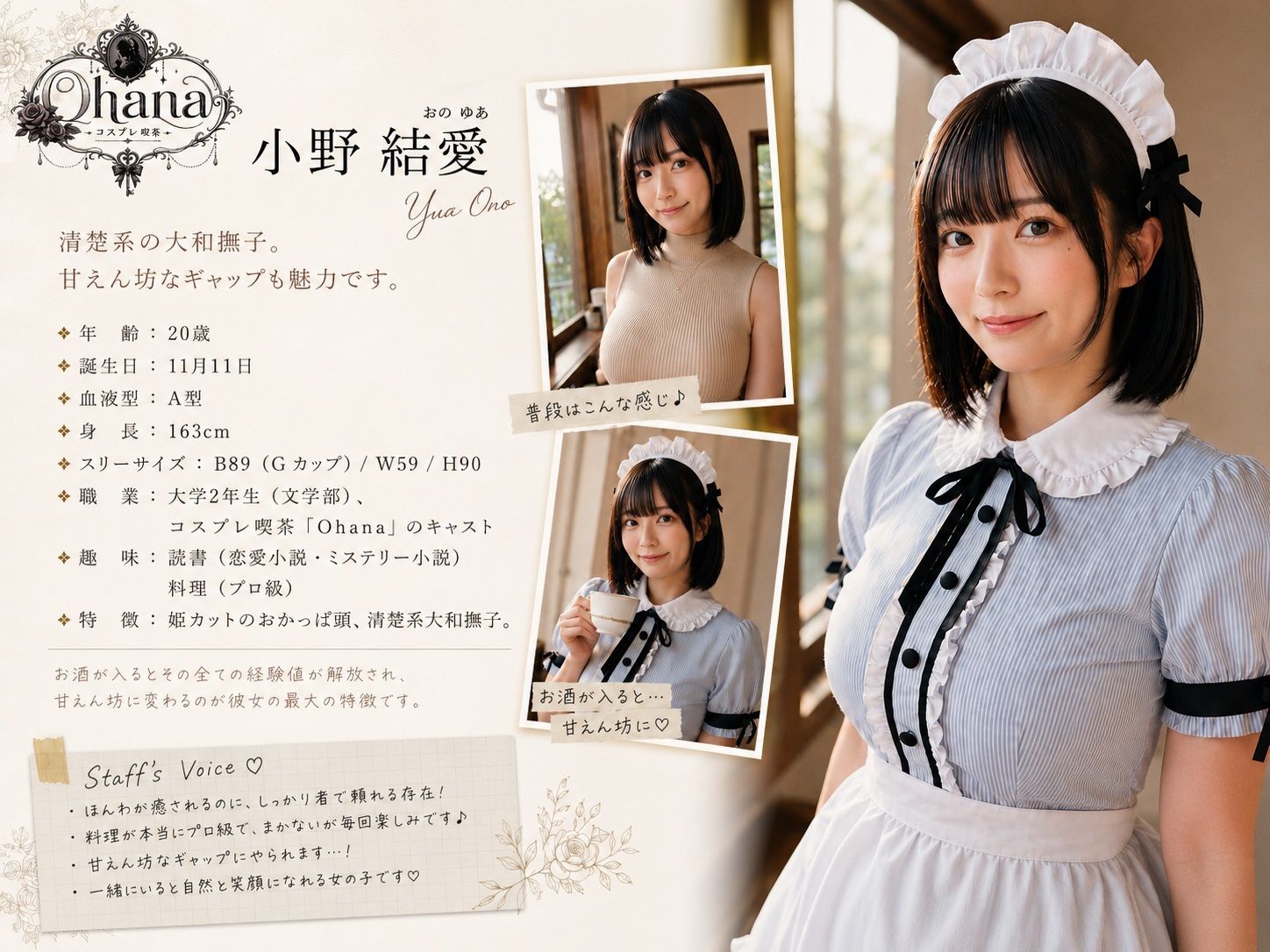 【AI生成】IMAGE VIDEO ＆ AI写真集 Vol.5 小野結愛 コスプレ喫茶Ohanaアルバイト/大学生（20） 「古びた喫茶店の、女神がおもてなし」 サンプル1ページ目