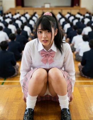 【AI動画】全校集会で我慢できずにおもらし サンプル1ページ目