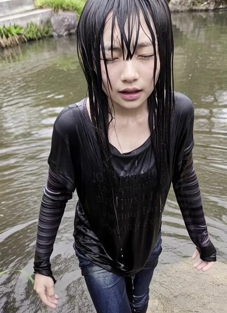 【AI動画259本】着衣ずぶ濡れ WET COLLECTION Vol.1｜池・川で全身びしょ濡れ サンプル1ページ目