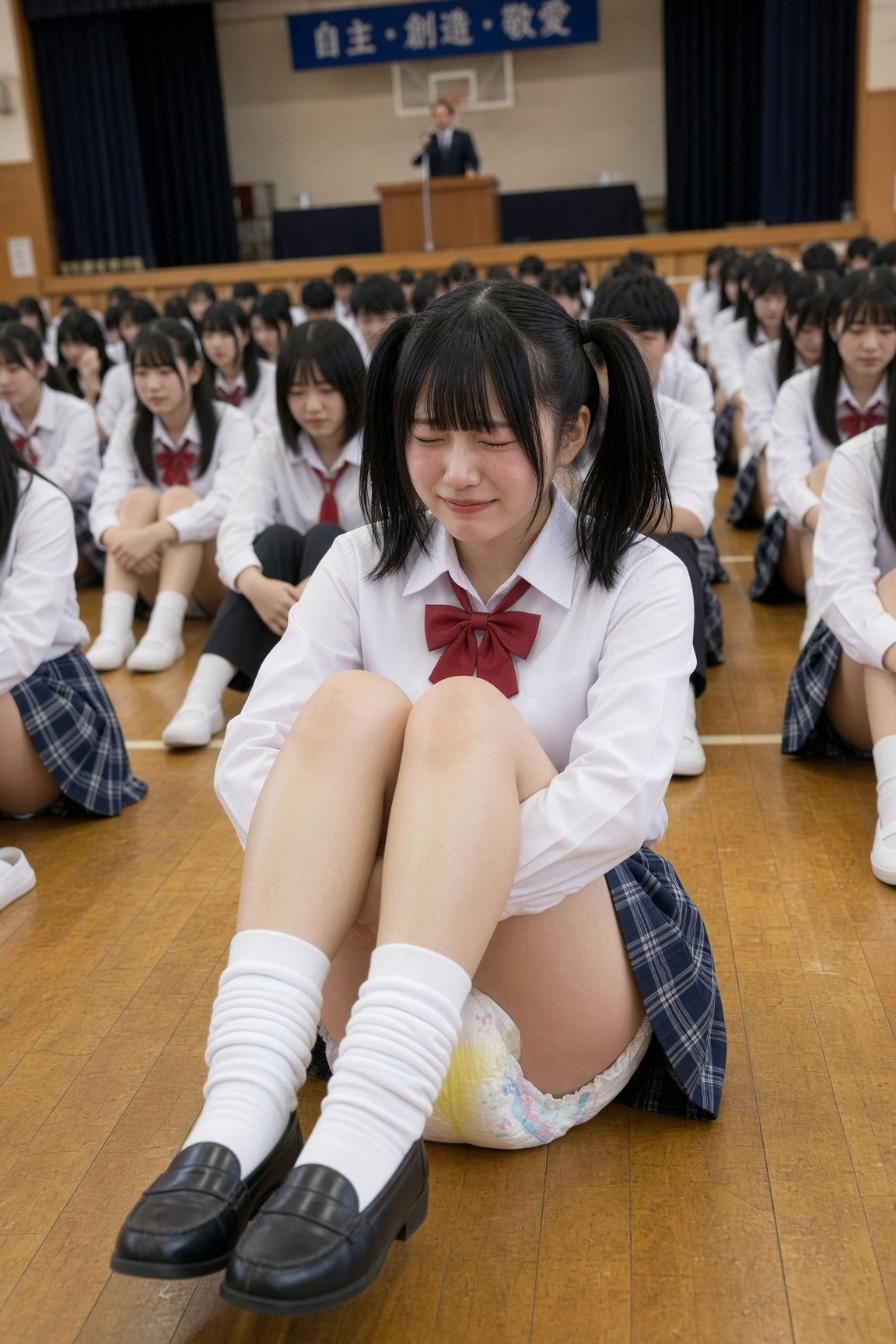 【AI動画】全校集会でおもらし〜おしっこで黄色く染まるおむつ サンプル1ページ目