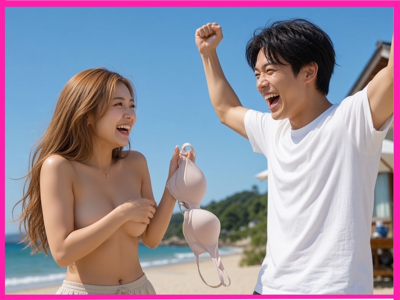 【縦長動画海の家ギャルインタビュー】じゃんけん負けたら即脱衣→1人エッチ強●公開！ サンプル1ページ目