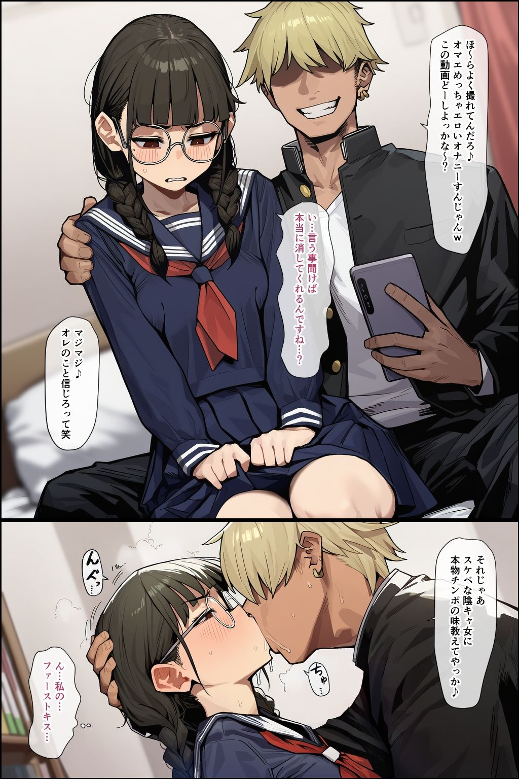 黒髪ひんぬーメガネっ娘×ギャル男=出産 サンプル3ページ目