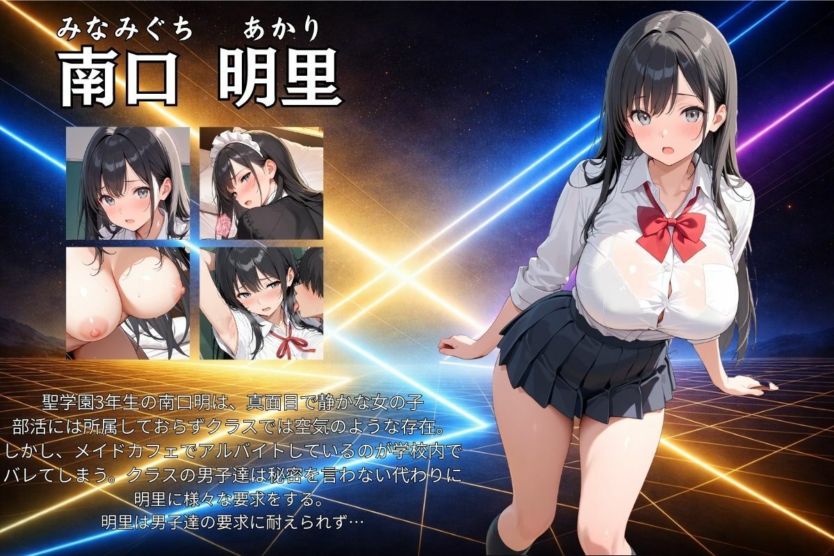 聖凛学園 南口明里（黒髪清楚爆乳系女子）の秘密のバイトは超エロいメイド。男子学生に正体を知られ、何度も犯●れる日々。 サンプル1ページ目