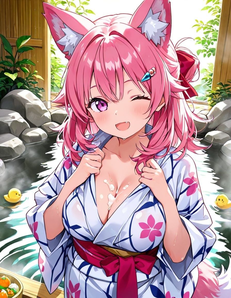 ケモミミ美少女達のえっちな発情期  混浴浴衣編 サンプル1ページ目