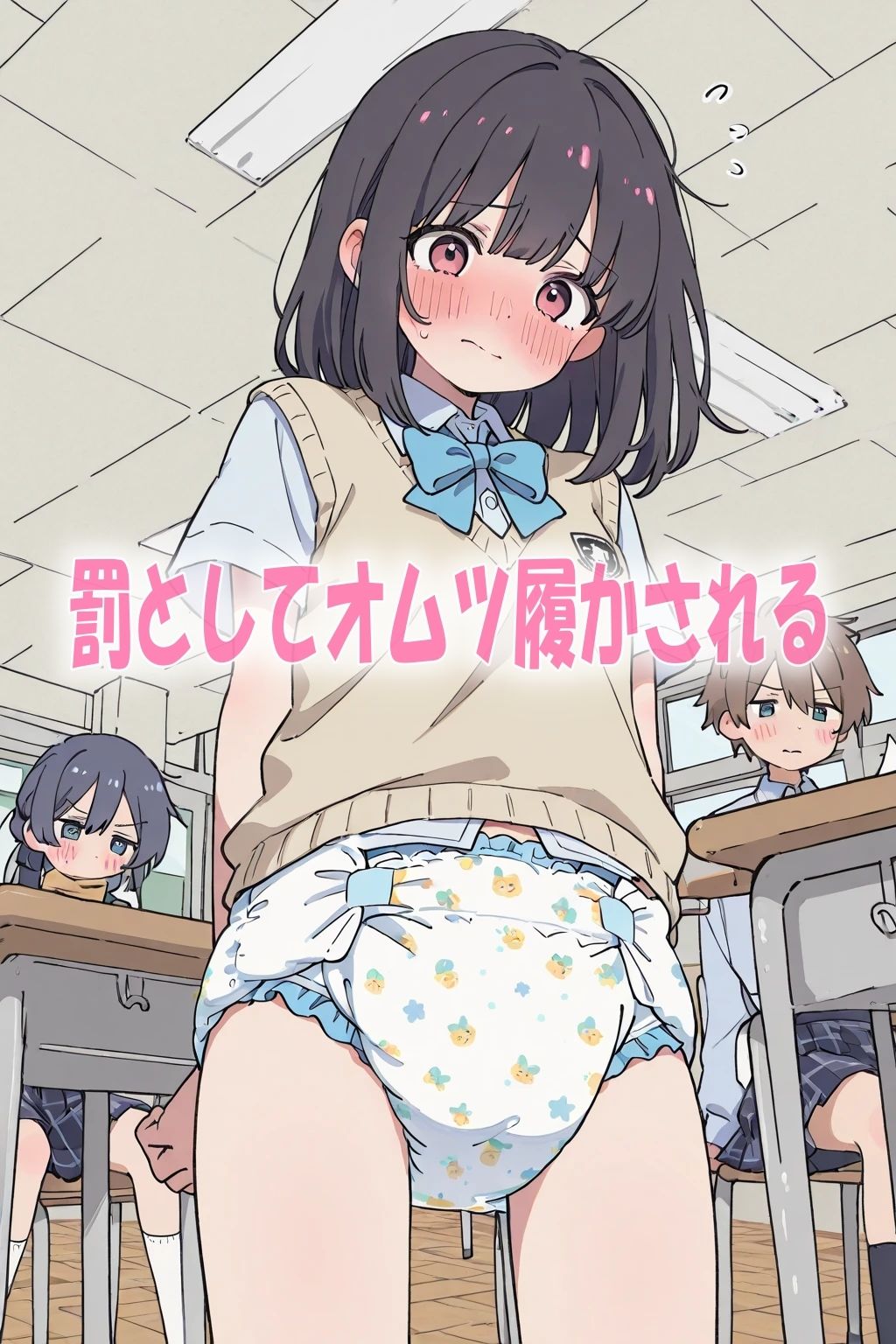 学校の教室でオムツ姿にされて恥ずかしがってる女の子達イラスト300枚 サンプル2ページ目