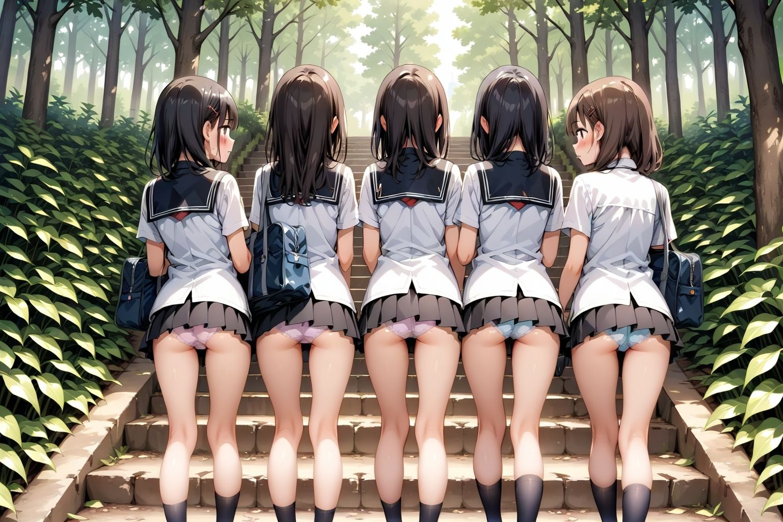 【59枚】女の子たちのミニスカ制服やパンティーやお尻をお好きなだけ観察できます♪今日は妄想の世界にあるエッチな街での学園見学日です♪街のいろいろな学園の校舎前にあるお庭の階段で、制服ミニスカート、オシリにくい込むパンツのパンチラをいっぱいごらんくださいね♪ サンプル2ページ目
