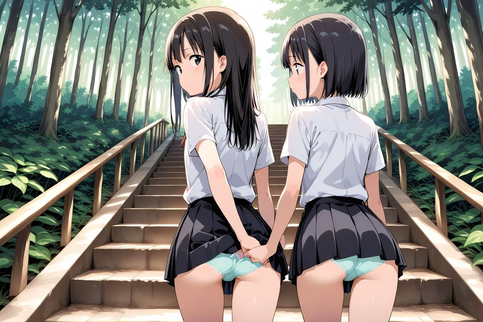 【59枚】女の子たちのミニスカ制服やパンティーやお尻をお好きなだけ観察できます♪今日は妄想の世界にあるエッチな街での学園見学日です♪街のいろいろな学園の校舎前にあるお庭の階段で、制服ミニスカート、オシリにくい込むパンツのパンチラをいっぱいごらんくださいね♪ サンプル5ページ目