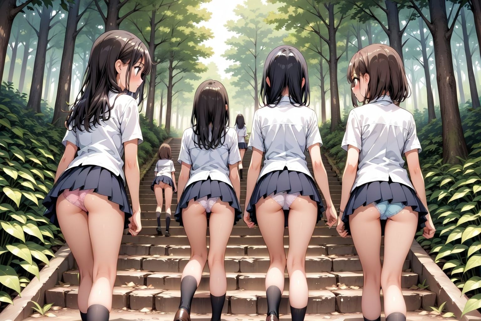 【59枚】女の子たちのミニスカ制服やパンティーやお尻をお好きなだけ観察できます♪今日は妄想の世界にあるエッチな街での学園見学日です♪街のいろいろな学園の校舎前にあるお庭の階段で、制服ミニスカート、オシリにくい込むパンツのパンチラをいっぱいごらんくださいね♪ サンプル6ページ目