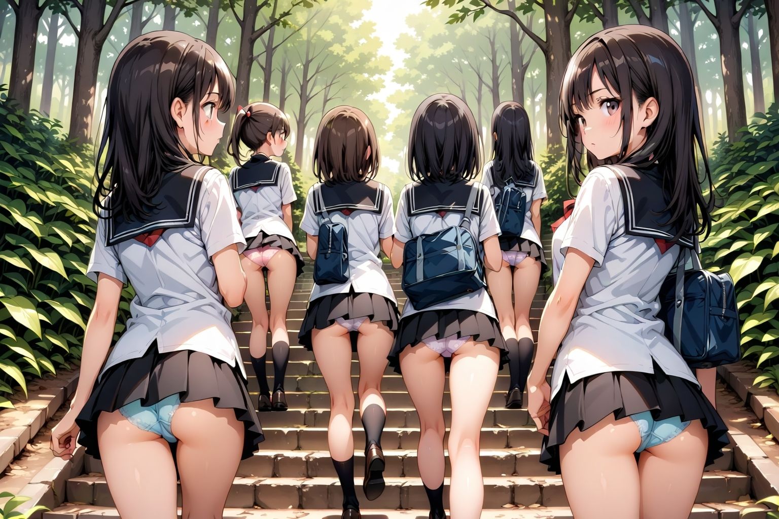 【59枚】女の子たちのミニスカ制服やパンティーやお尻をお好きなだけ観察できます♪今日は妄想の世界にあるエッチな街での学園見学日です♪街のいろいろな学園の校舎前にあるお庭の階段で、制服ミニスカート、オシリにくい込むパンツのパンチラをいっぱいごらんくださいね♪ サンプル7ページ目