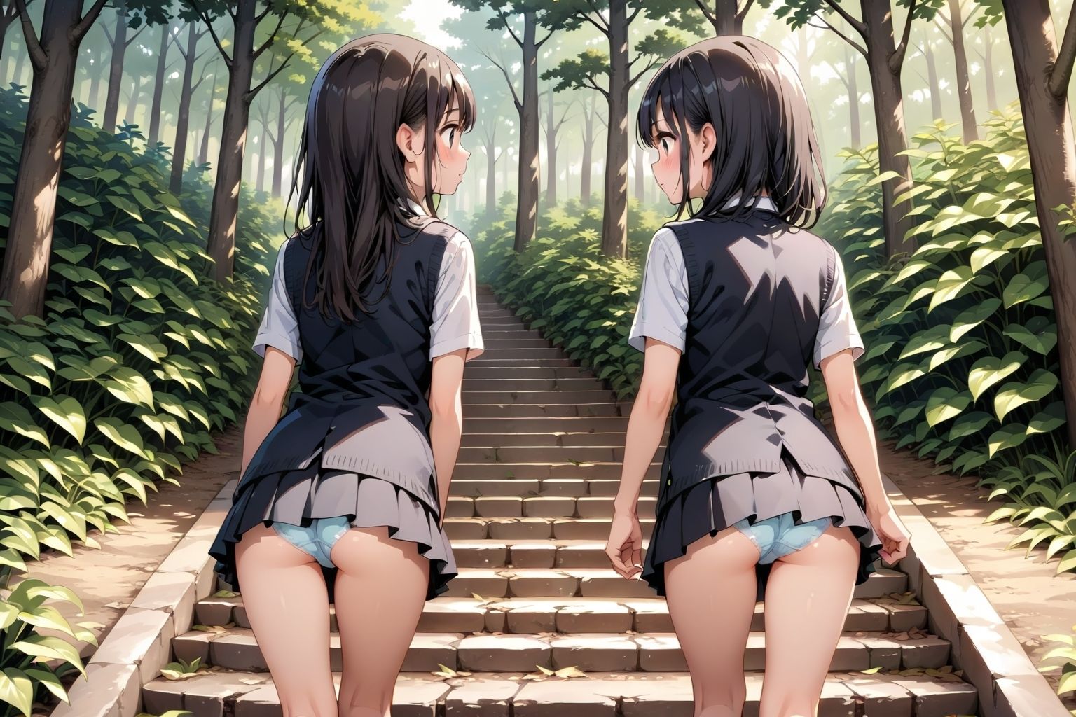 【59枚】女の子たちのミニスカ制服やパンティーやお尻をお好きなだけ観察できます♪今日は妄想の世界にあるエッチな街での学園見学日です♪街のいろいろな学園の校舎前にあるお庭の階段で、制服ミニスカート、オシリにくい込むパンツのパンチラをいっぱいごらんくださいね♪ サンプル9ページ目