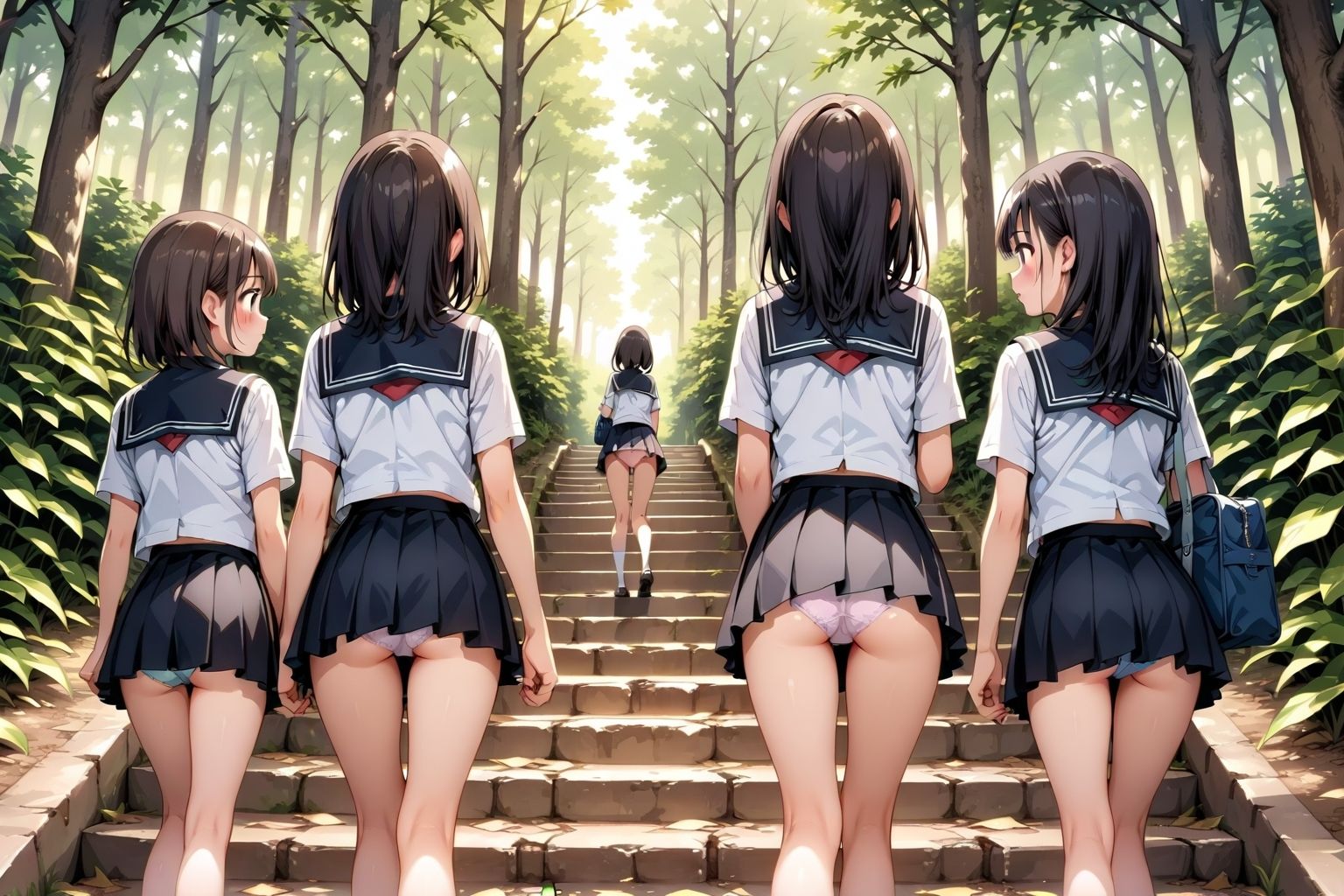 【59枚】女の子たちのミニスカ制服やパンティーやお尻をお好きなだけ観察できます♪今日は妄想の世界にあるエッチな街での学園見学日です♪街のいろいろな学園の校舎前にあるお庭の階段で、制服ミニスカート、オシリにくい込むパンツのパンチラをいっぱいごらんくださいね♪ サンプル10ページ目