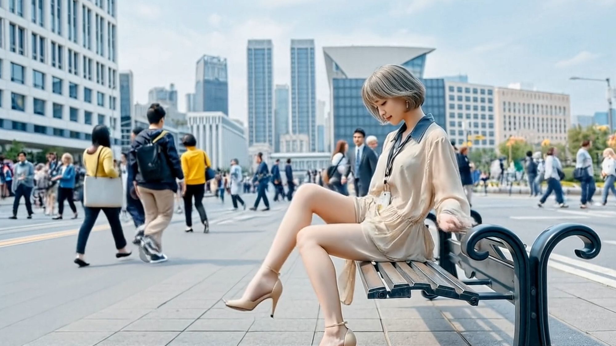 妄想33 OLがビジネス街のベンチでスカートまくり上げてパンティ見せます AI生成動画 サンプル4ページ目