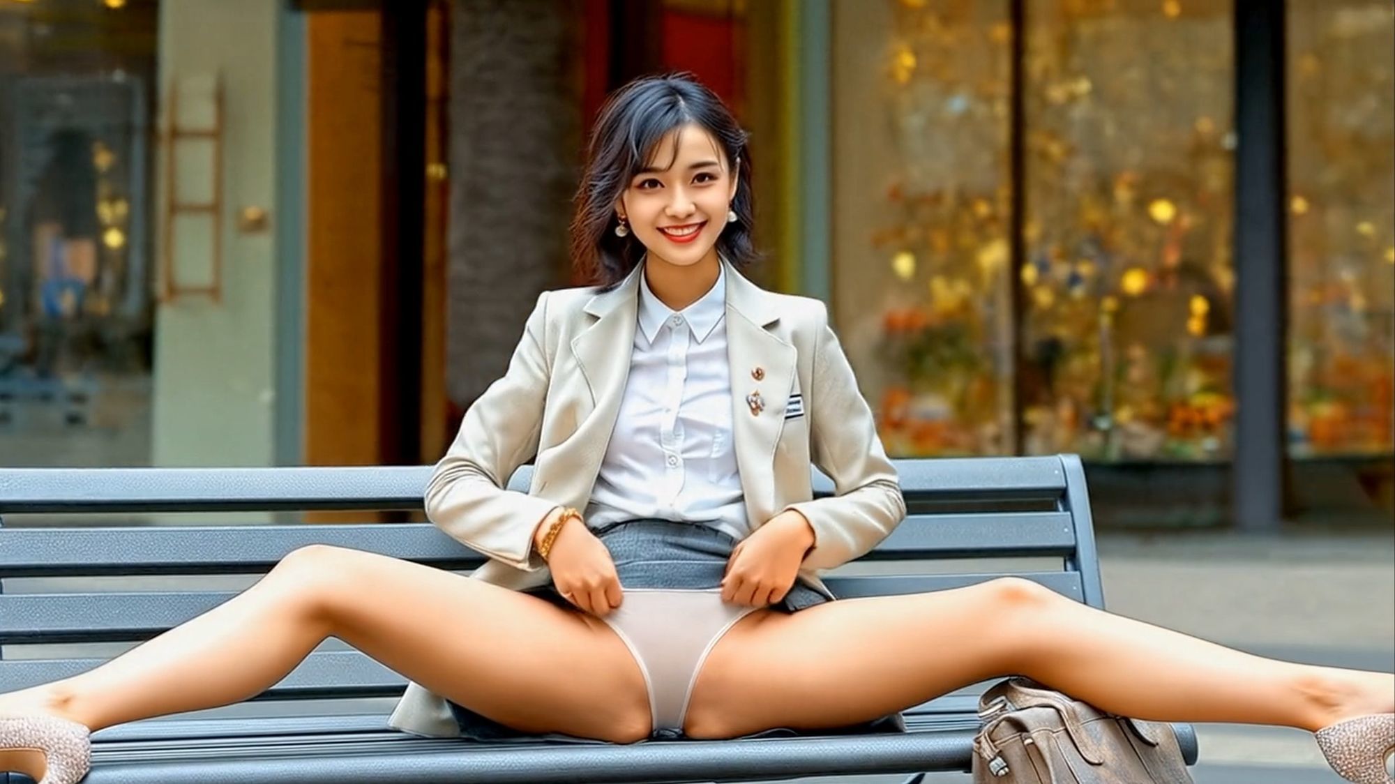 妄想33 OLがビジネス街のベンチでスカートまくり上げてパンティ見せます AI生成動画 サンプル5ページ目