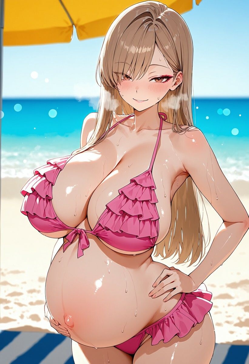 妊婦になった爆乳フリルビキニ3人娘をビーチで種付け中出ししまくる サンプル9ページ目